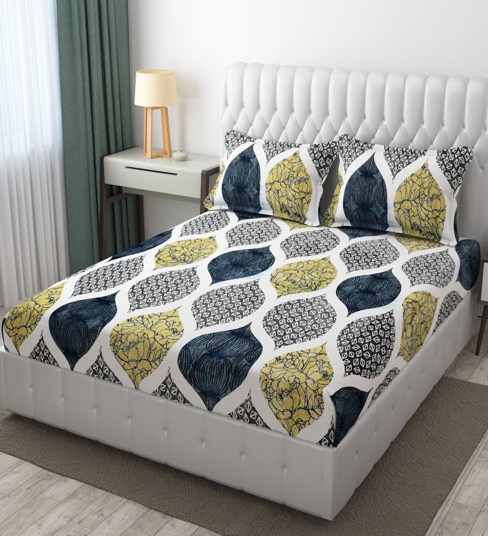 Multicolor Geometric 300 TC Woolen Fleno Fitted Bedsheet With 2 Pillow Covers