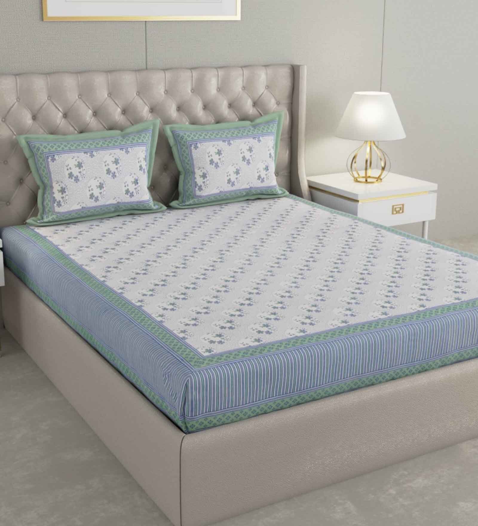 Blue Floral 600 TC Cotton Double King Sized Bedsheet With 2 Pillow Covers