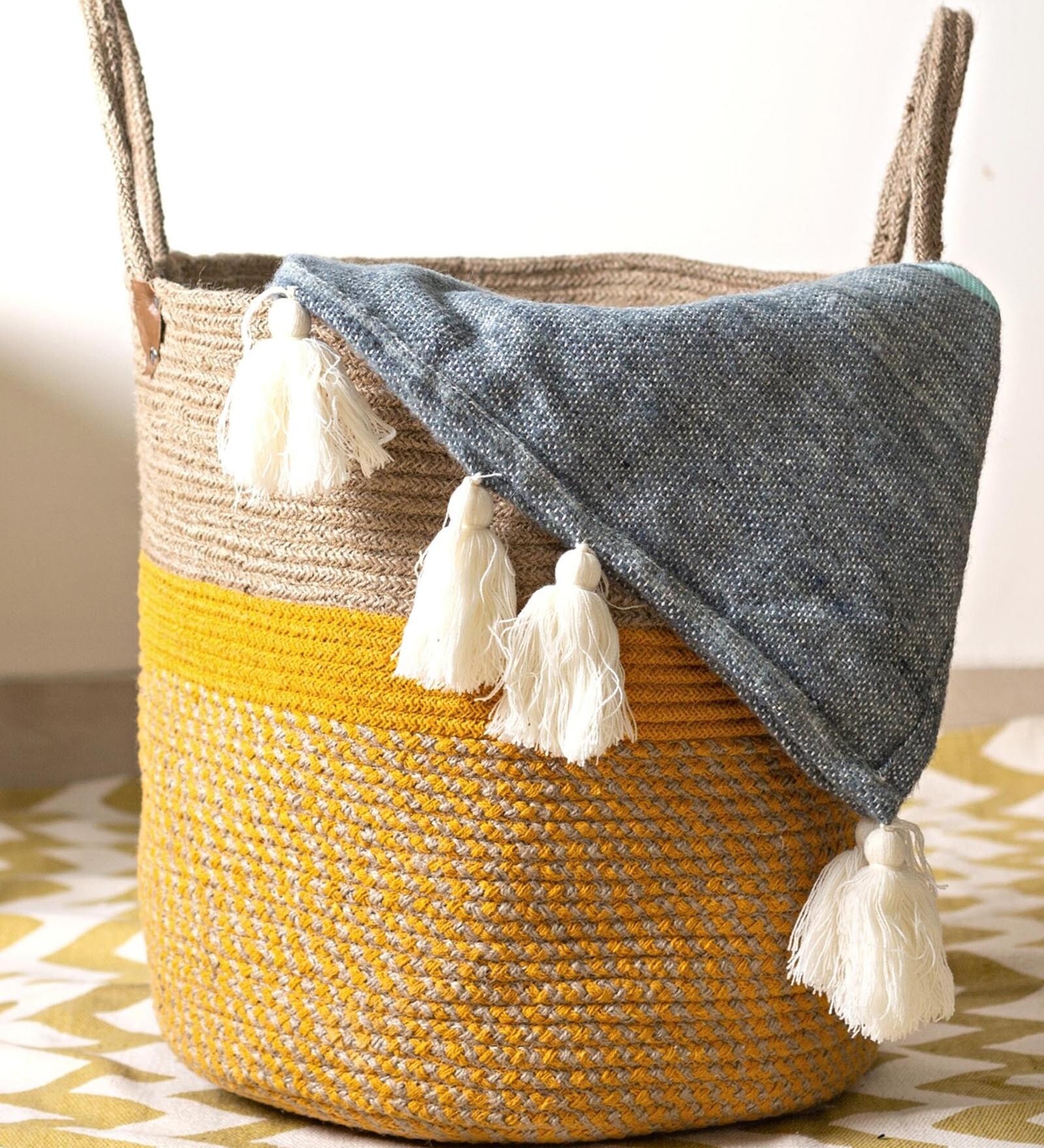 Yellow Jute & Cotton Foldable 40 Litre Laundry Basket
