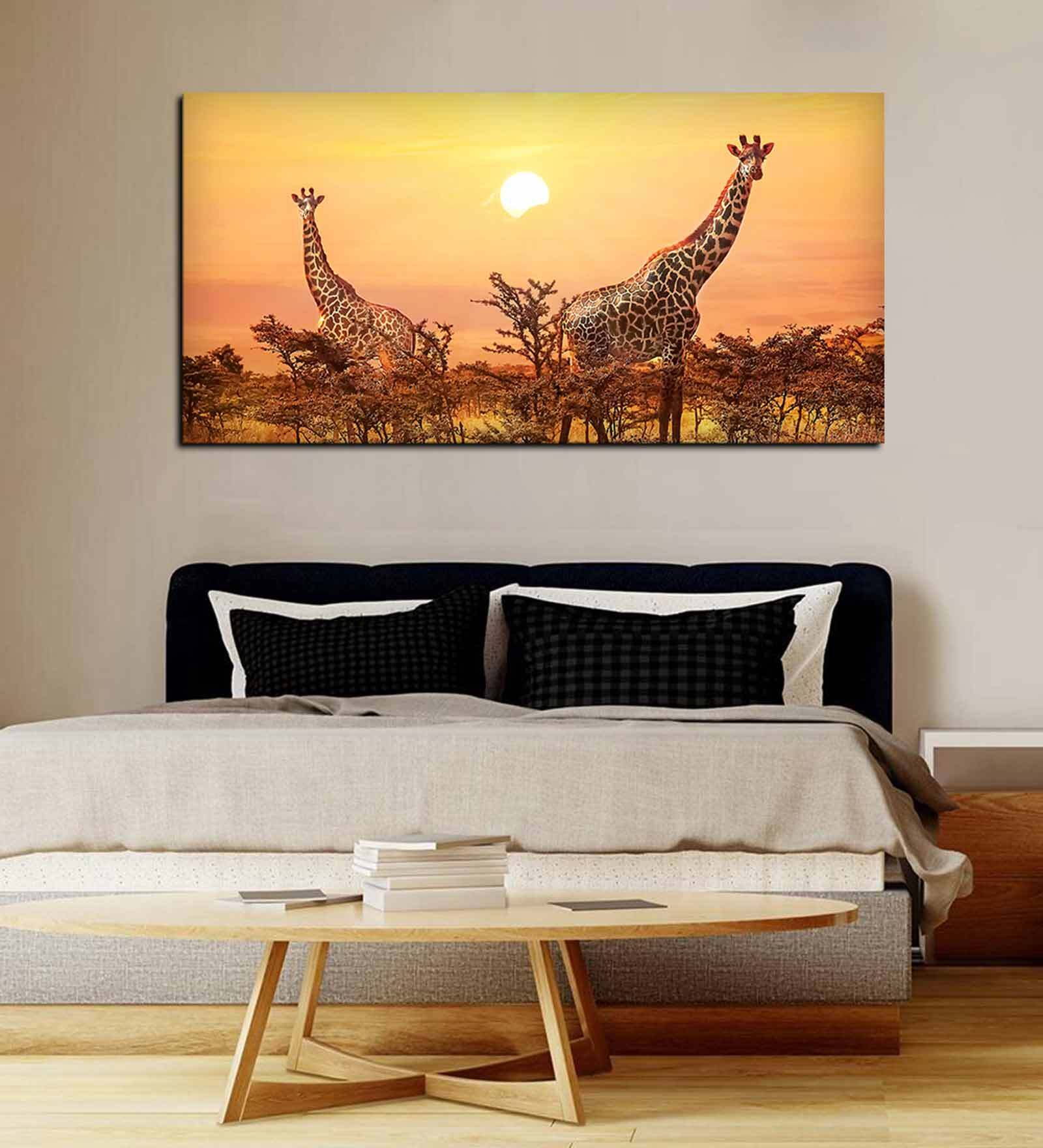 Yellow Giraffes In Sunset Canvas Wall Painting