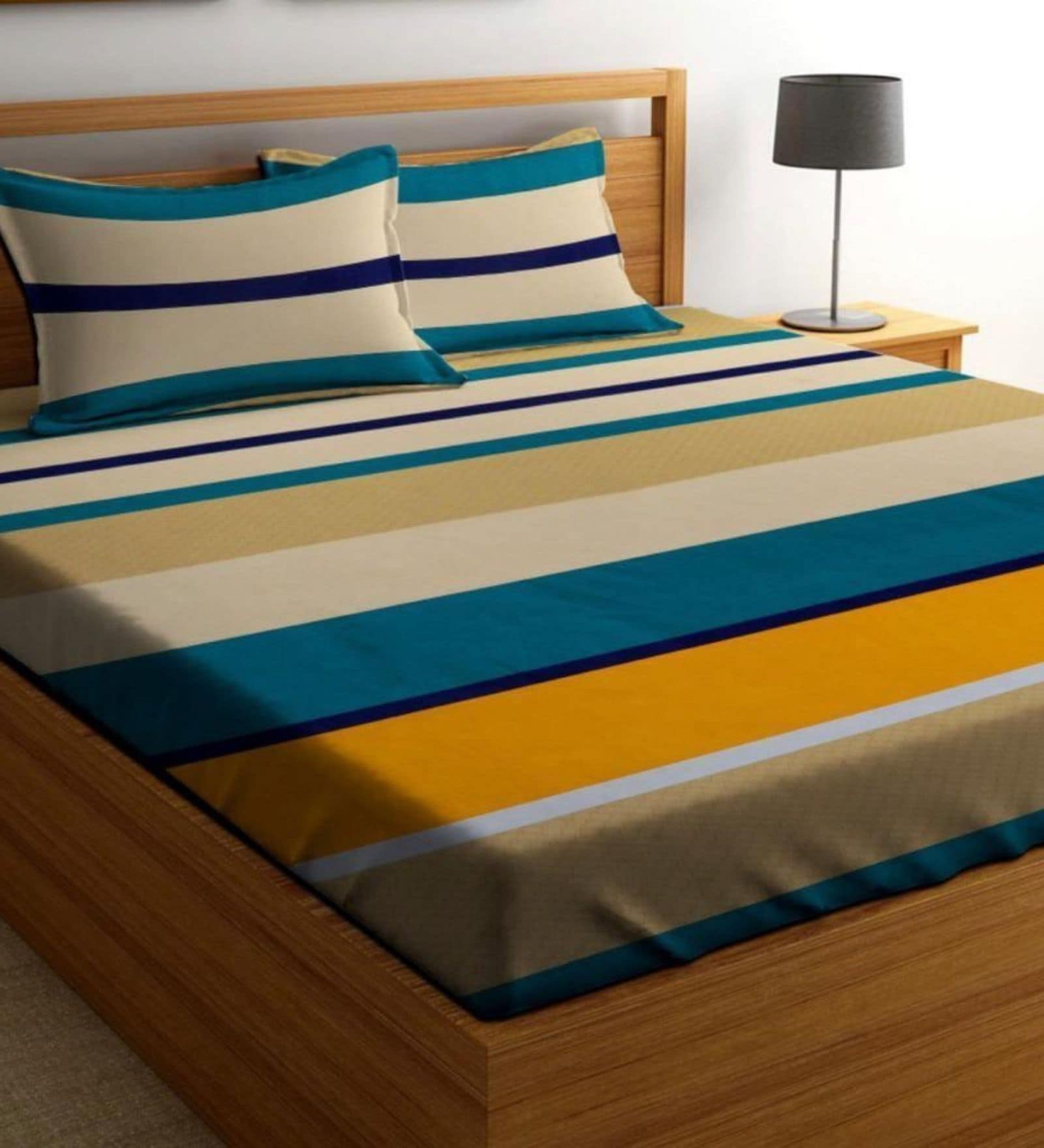 Yellow Glace Cotton Striped Elastic Fitted King Bedsheet With 2 Pillow Covers