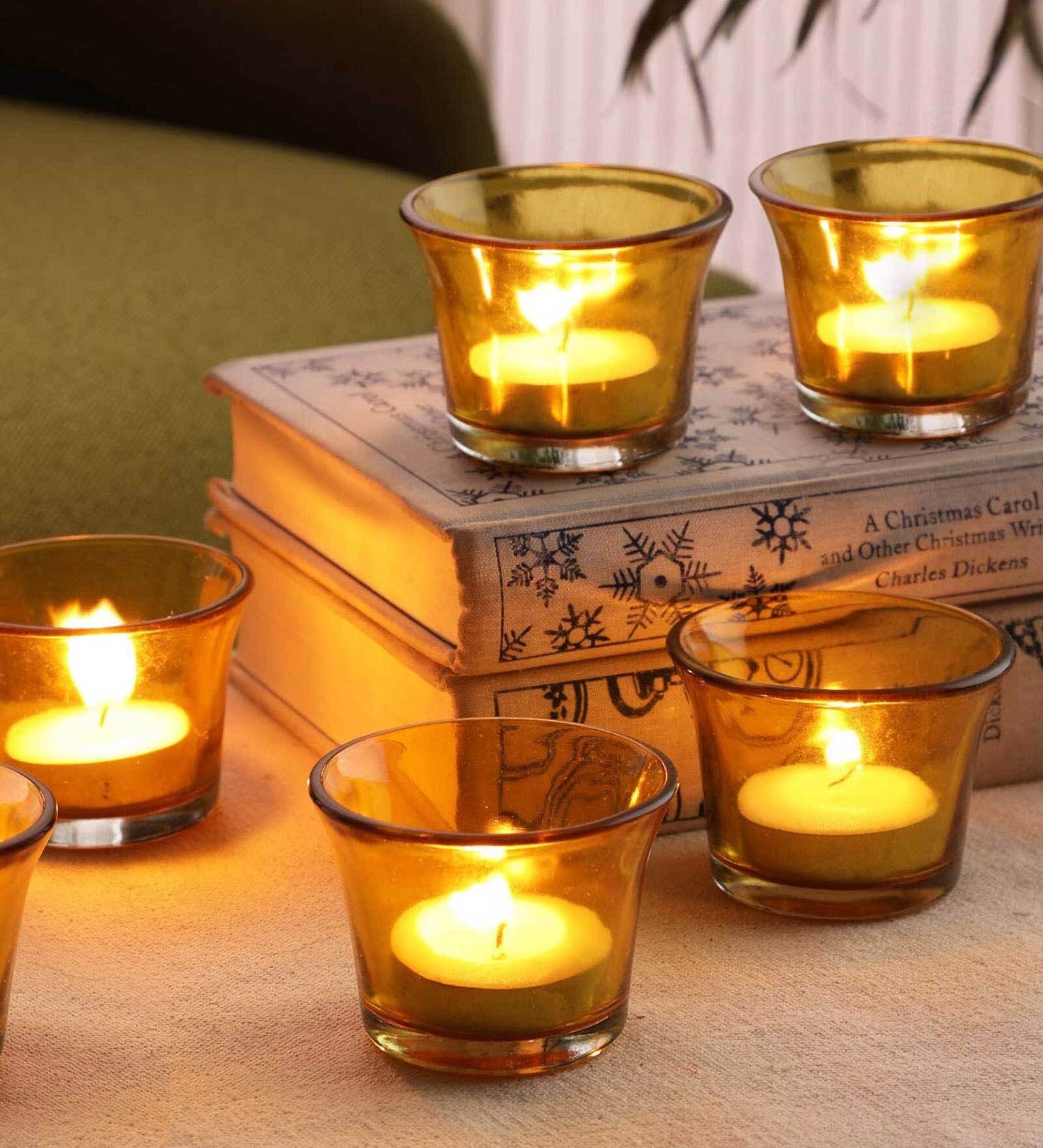 Buy Yellow Glass Set Of 6 Votive Candle Holder With Tealight By Tied