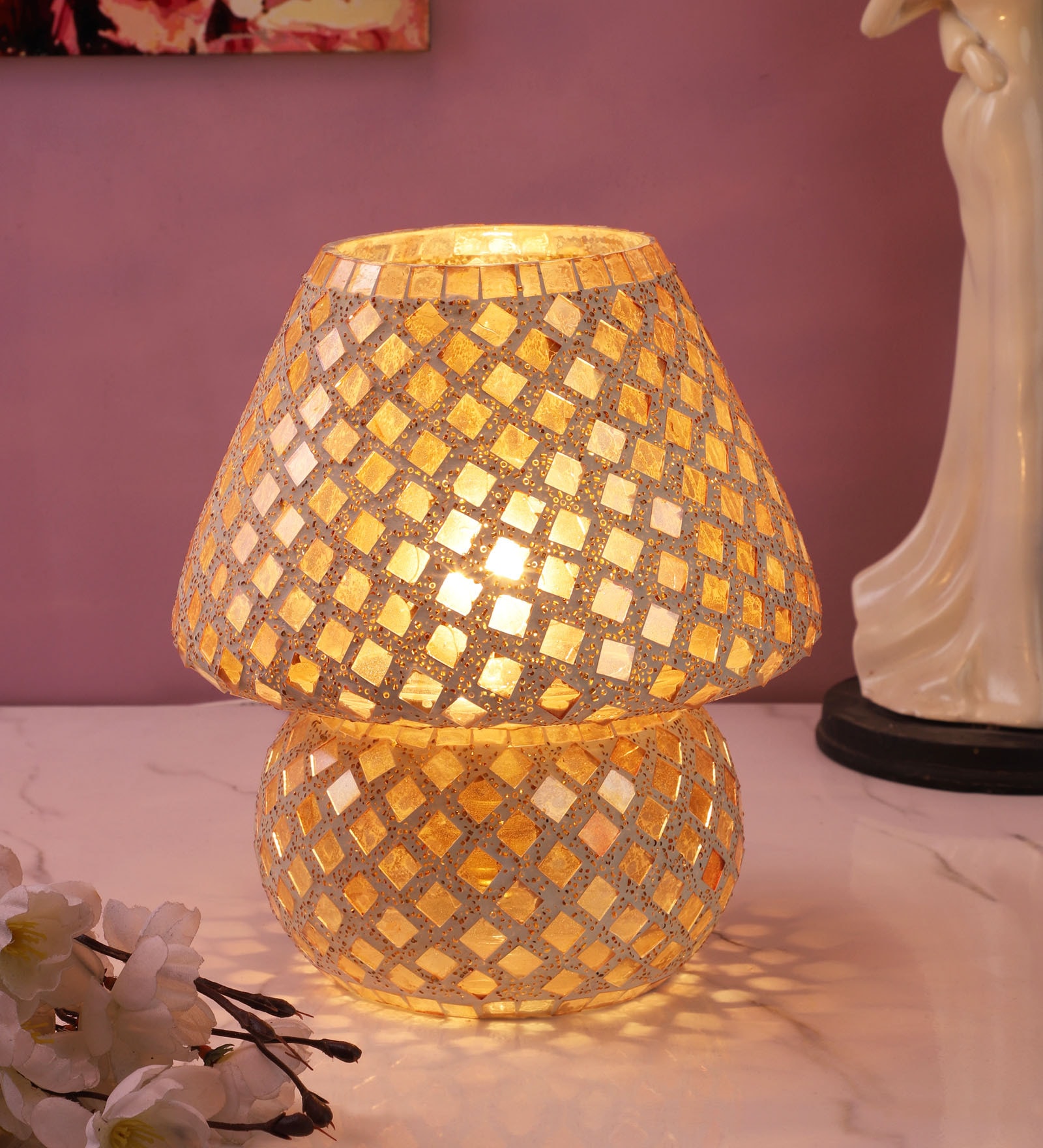 Yellow Glass Shade Table Lamp with Gold Base