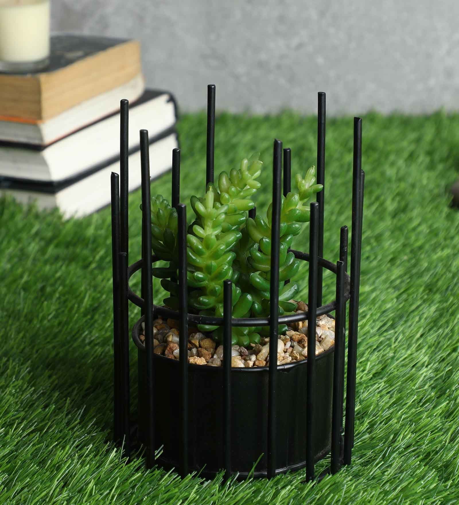 Yellow Green Polyester Metallic Artificial Bonsai With Black Pot