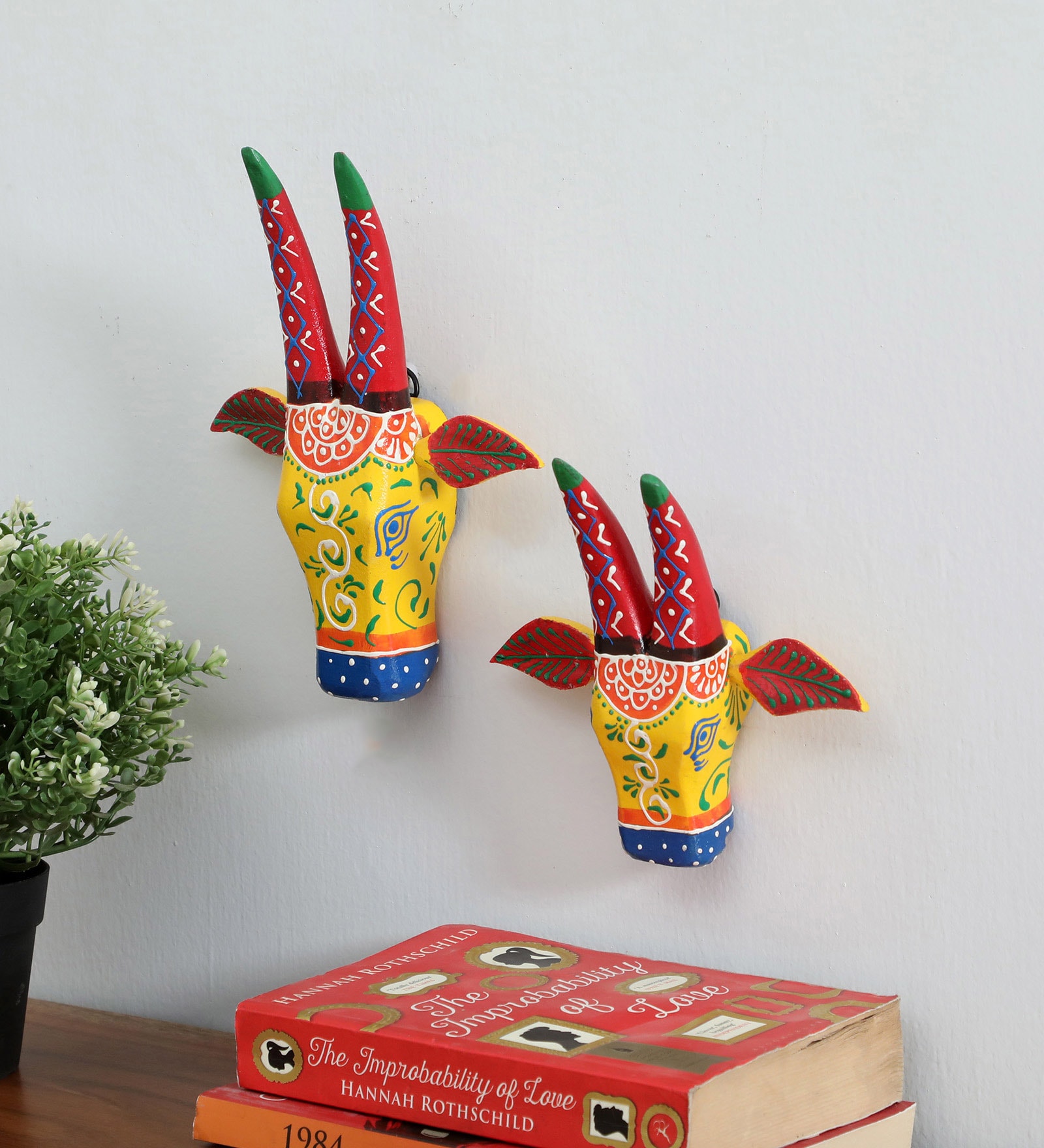 Yellow Handcrafted Cow Sclupture Mango Wood Wall Mask Set of 2
