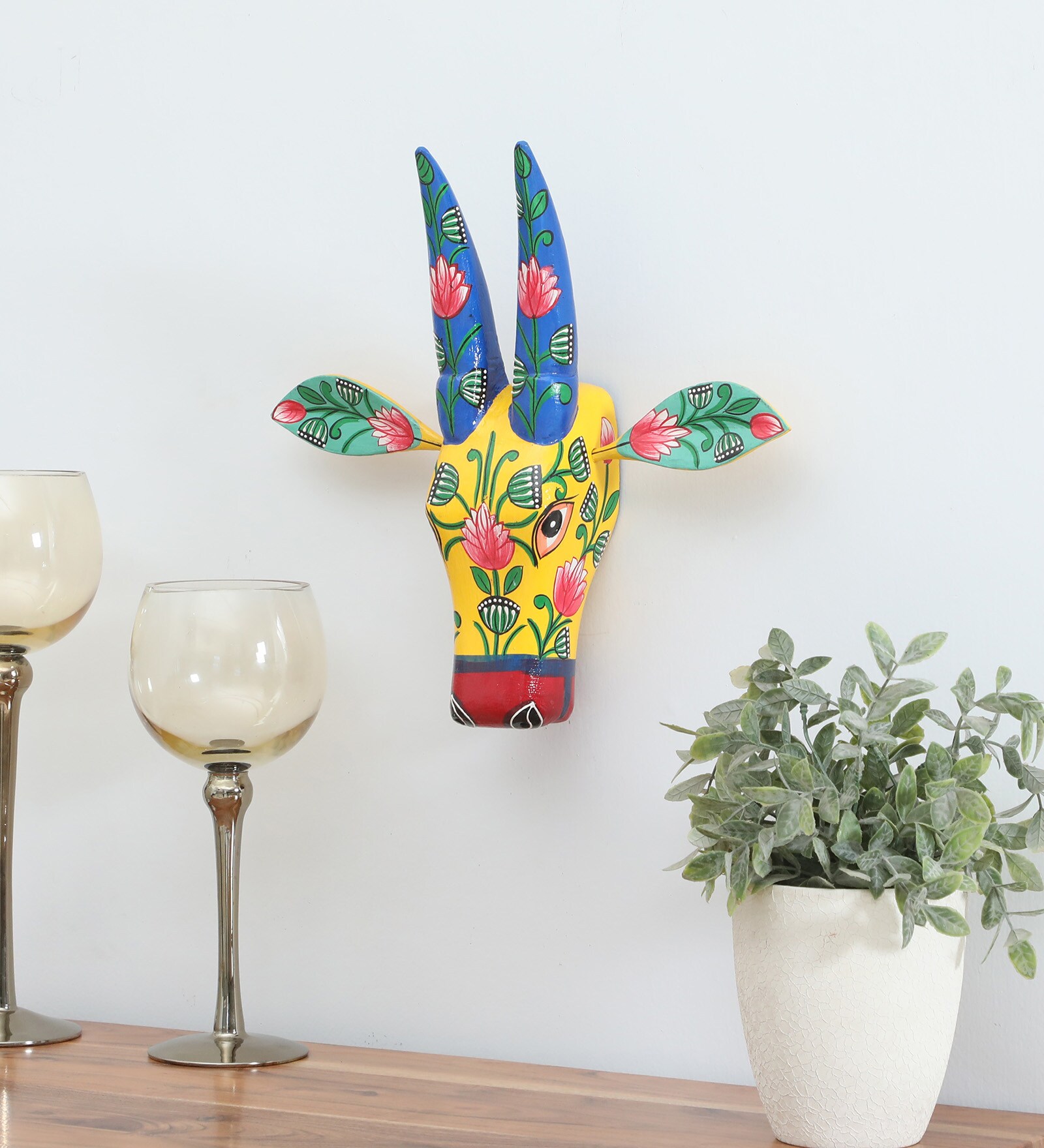 Yellow Handcrafted Cow Sclupture Mango Wood Wall Mask