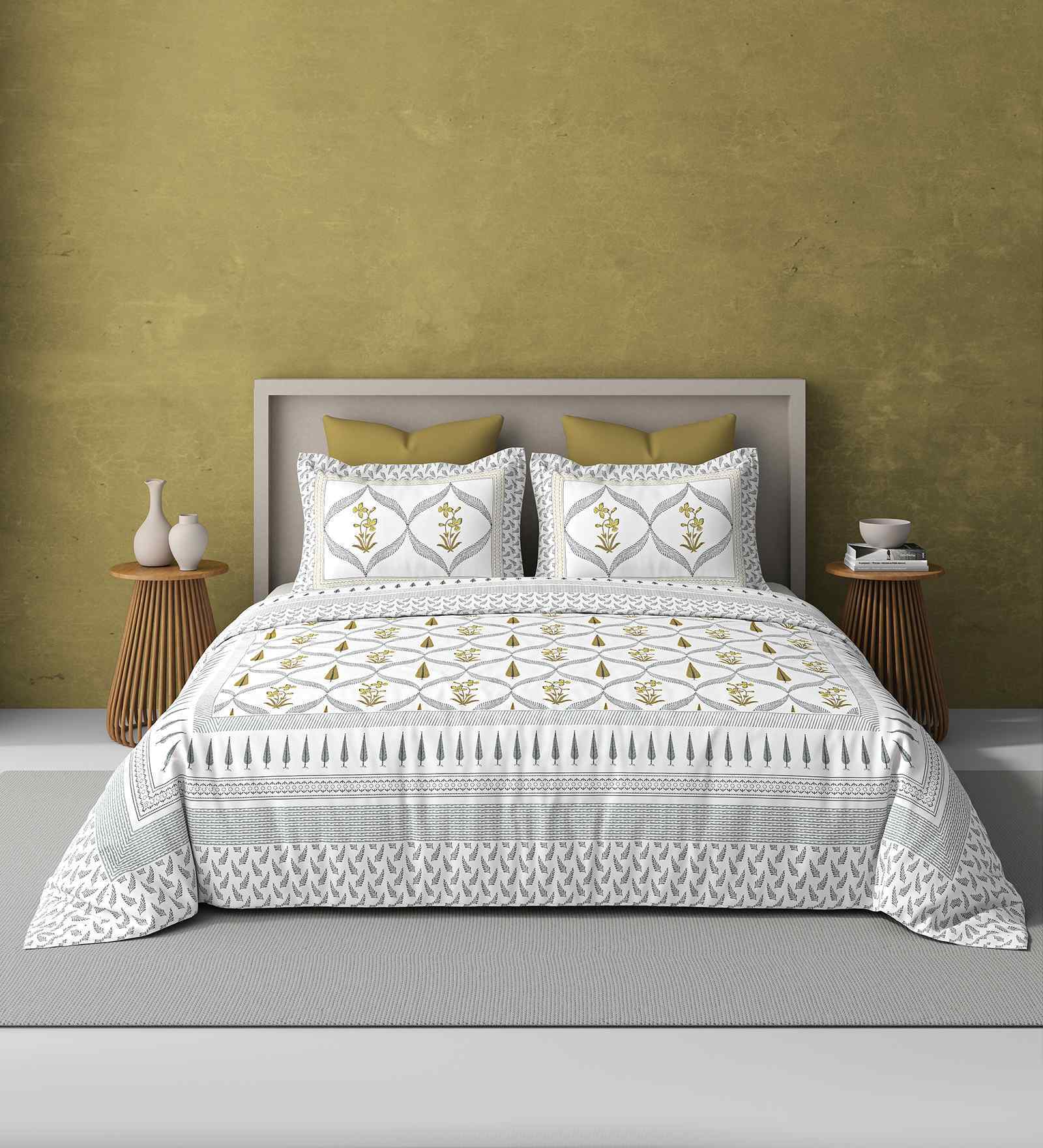 Yellow Jaipuri Blockprint 250 TC Pure Cotton King Sized Double Bedsheet with 2 Pillow Covers