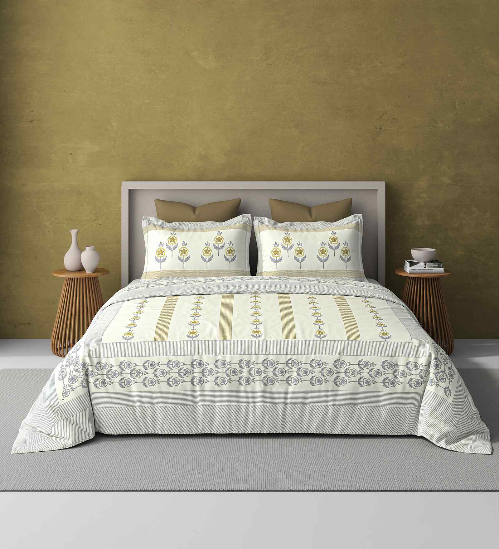 Yellow Jaipuri Blockprint 250 TC Pure Cotton King Sized Double Bedsheet with 2 Pillow Covers