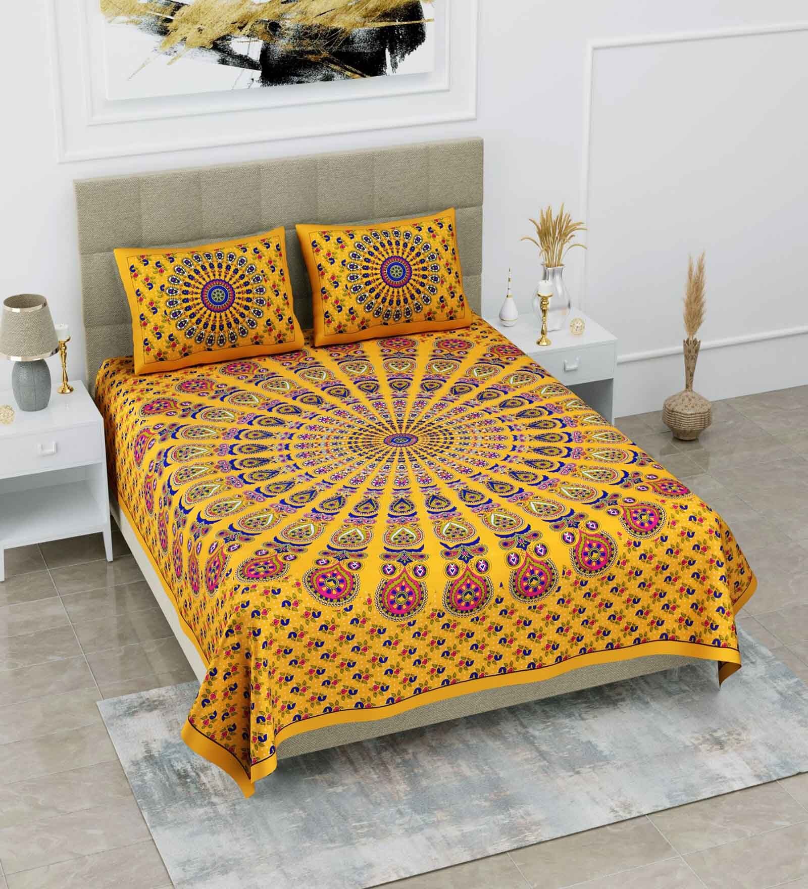 Yellow Traditional 120 TC Cotton Queen Sized Bedsheet with 2 Pillow Cover