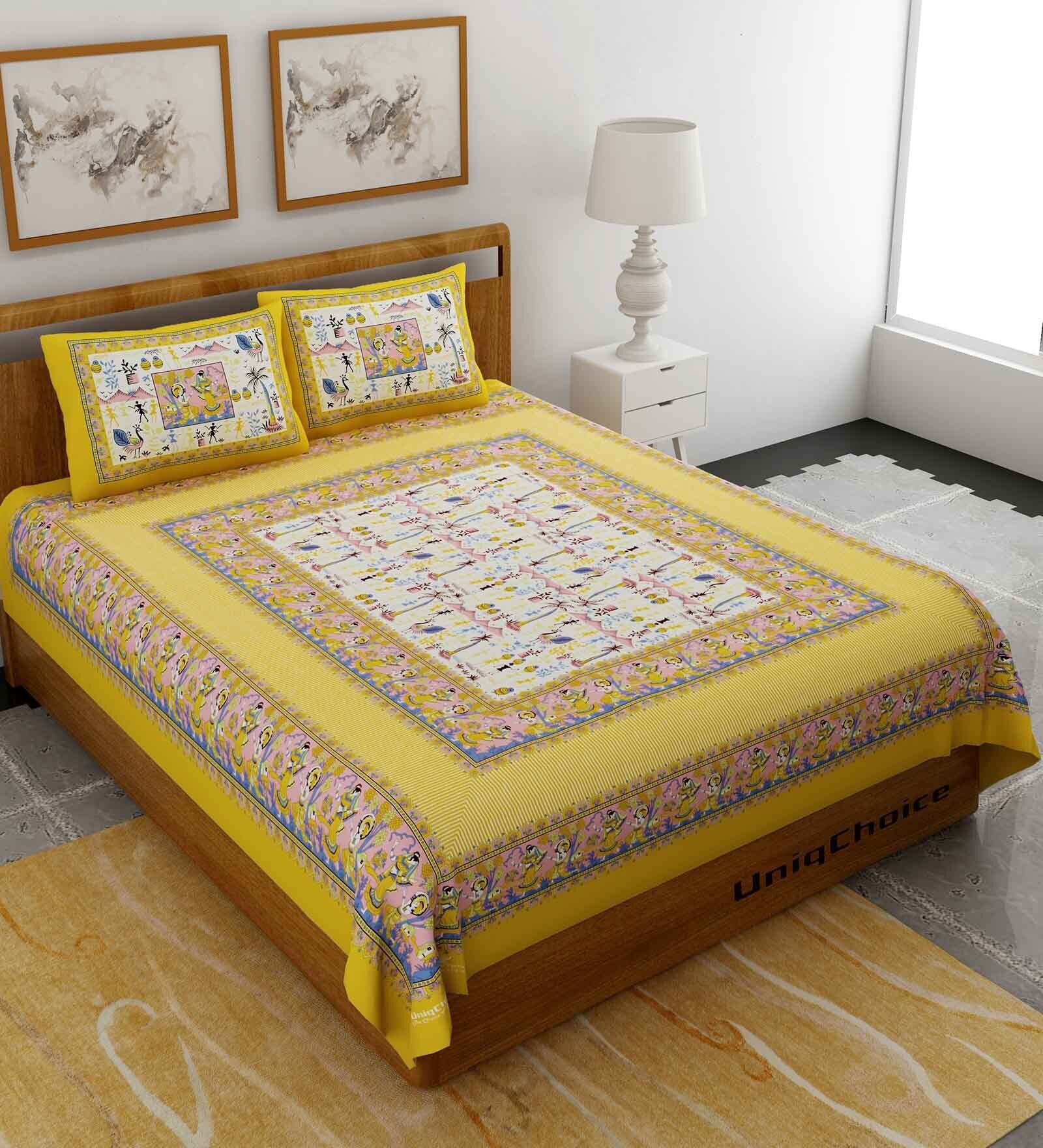 Yellow Abstract 120 TC Cotton Queen Sized Bedsheet with 2 Pillow Cover
