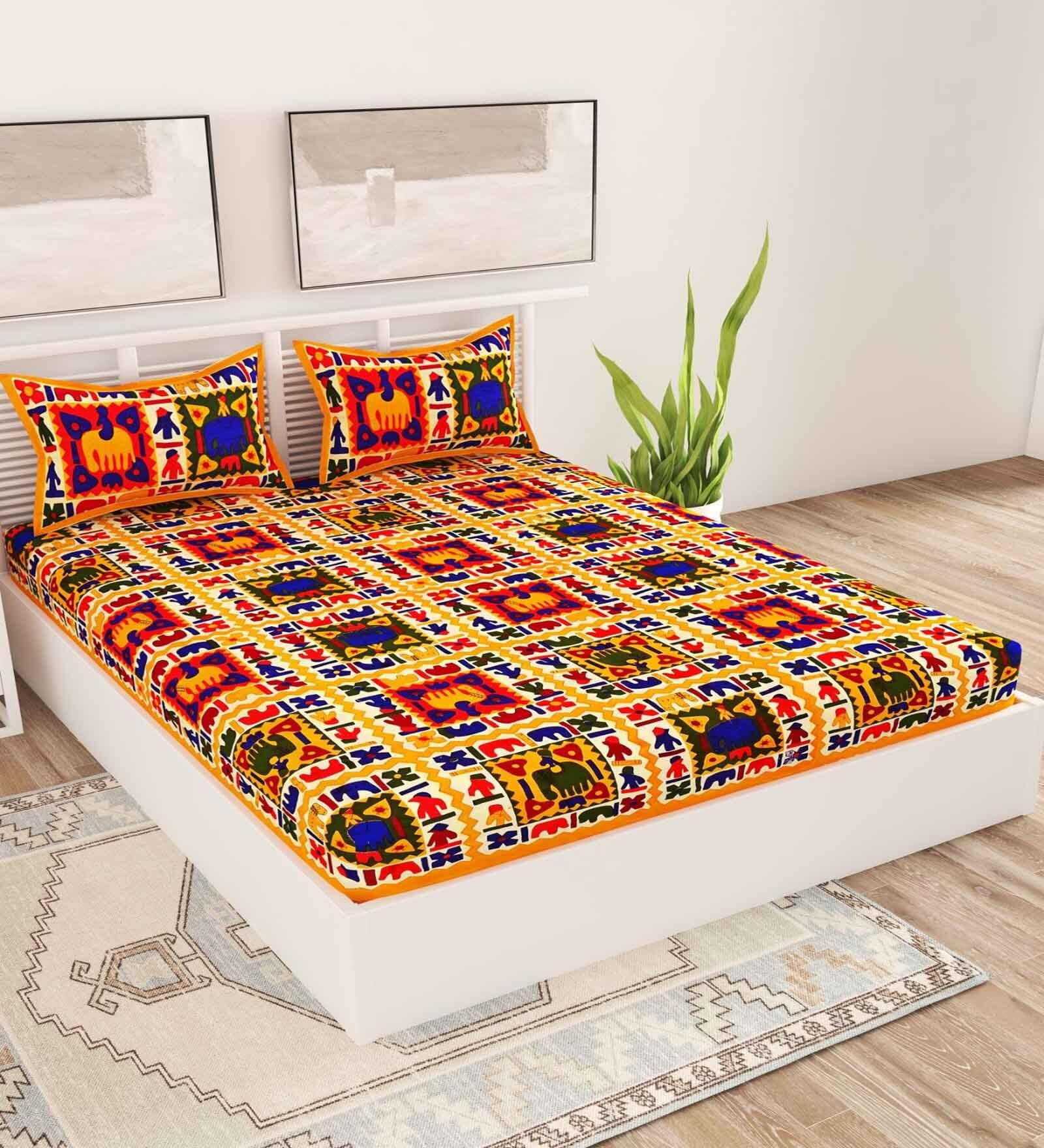 Blue Traditional 120 TC Cotton Queen Sized Bedsheet with 2 Pillow Cover