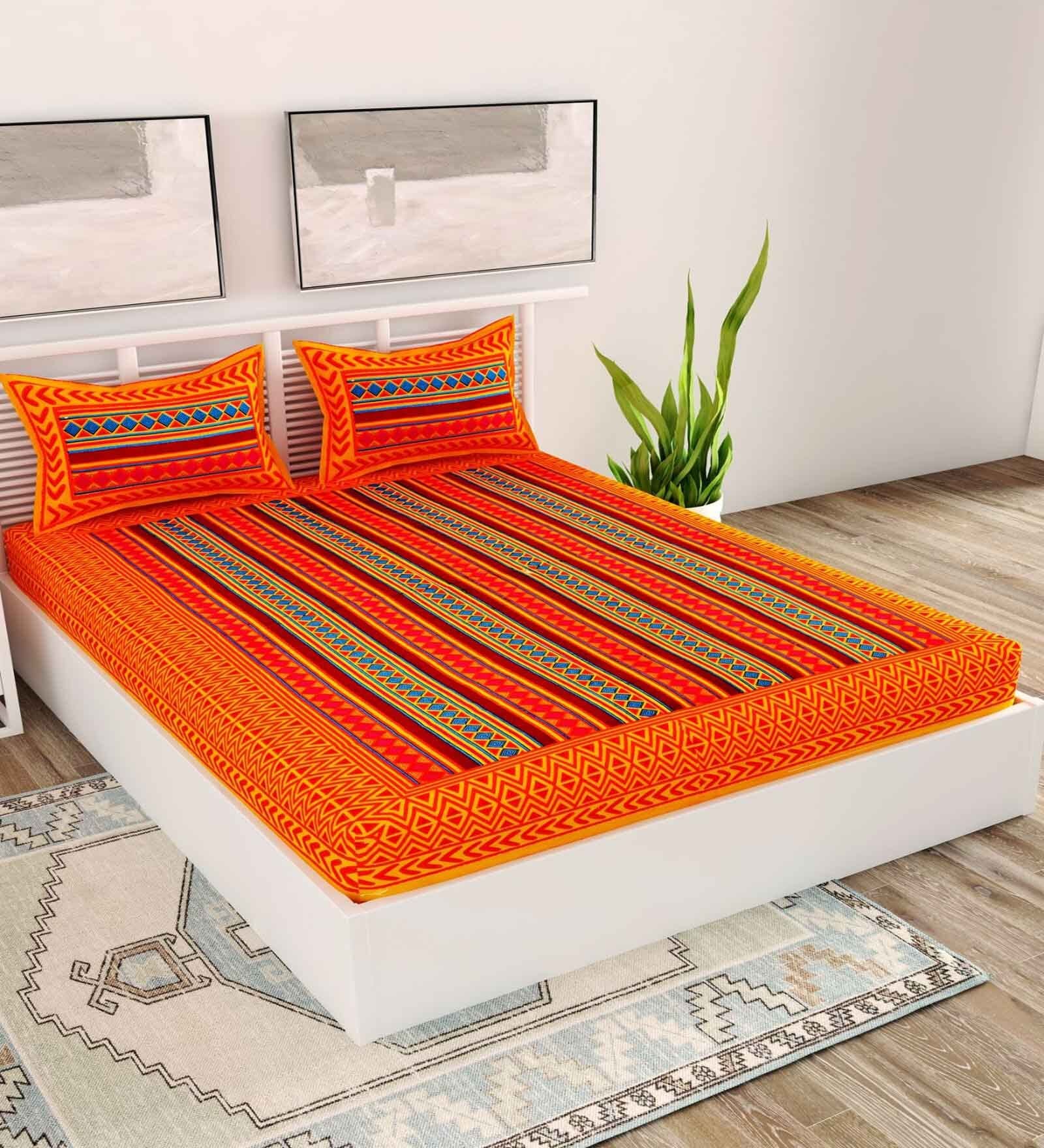 Yellow Striped 120 TC Cotton Queen Sized Bedsheet with 2 Pillow Cover