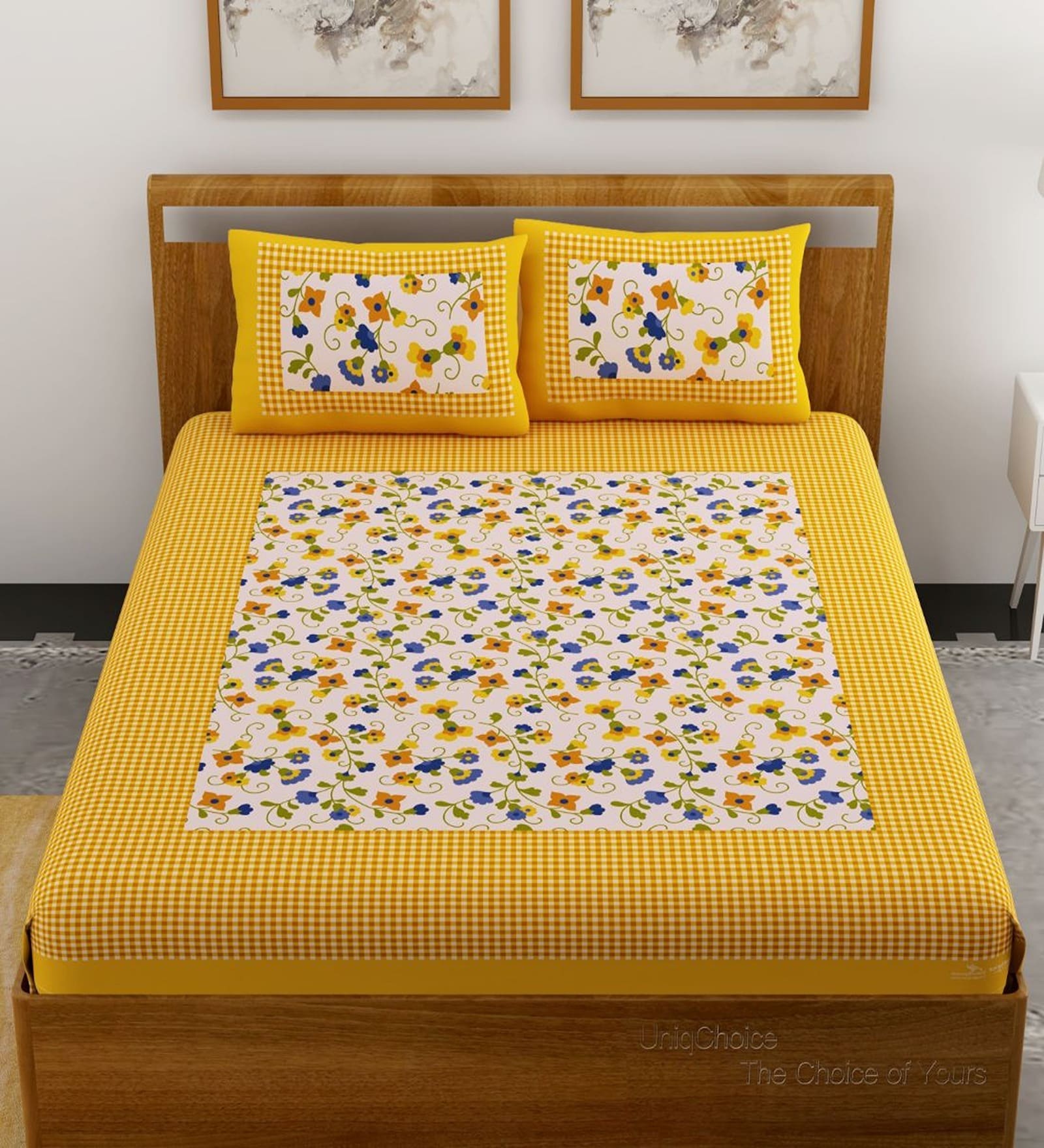 Yellow Floral 120 TC Cotton Queen Sized Bedsheet with 2 Pillow Cover