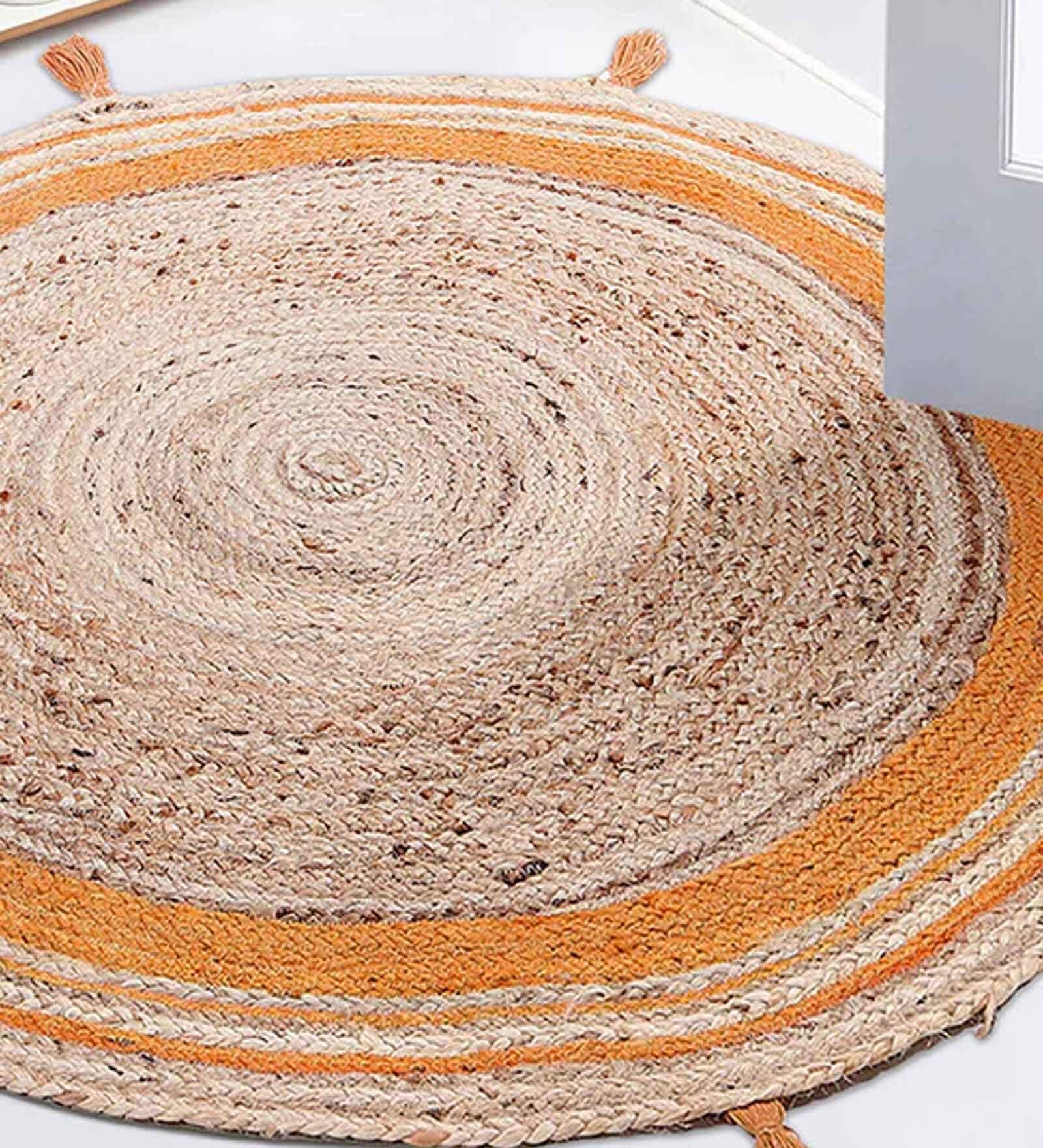 Yellow Jute  3 Feet Round Carpet with Pompoms