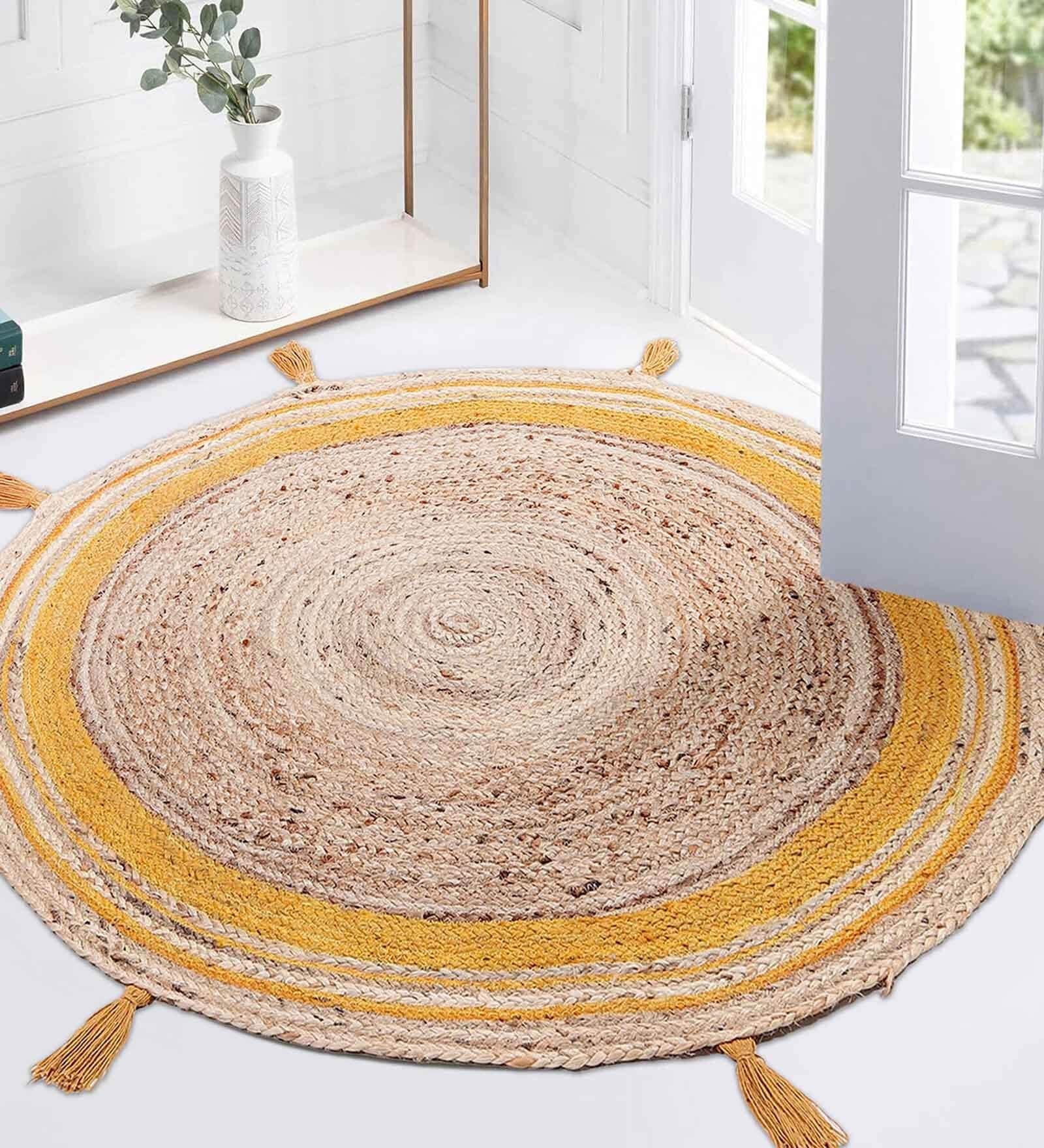 Yellow Jute 4 Feet Round Carpet with Pompoms