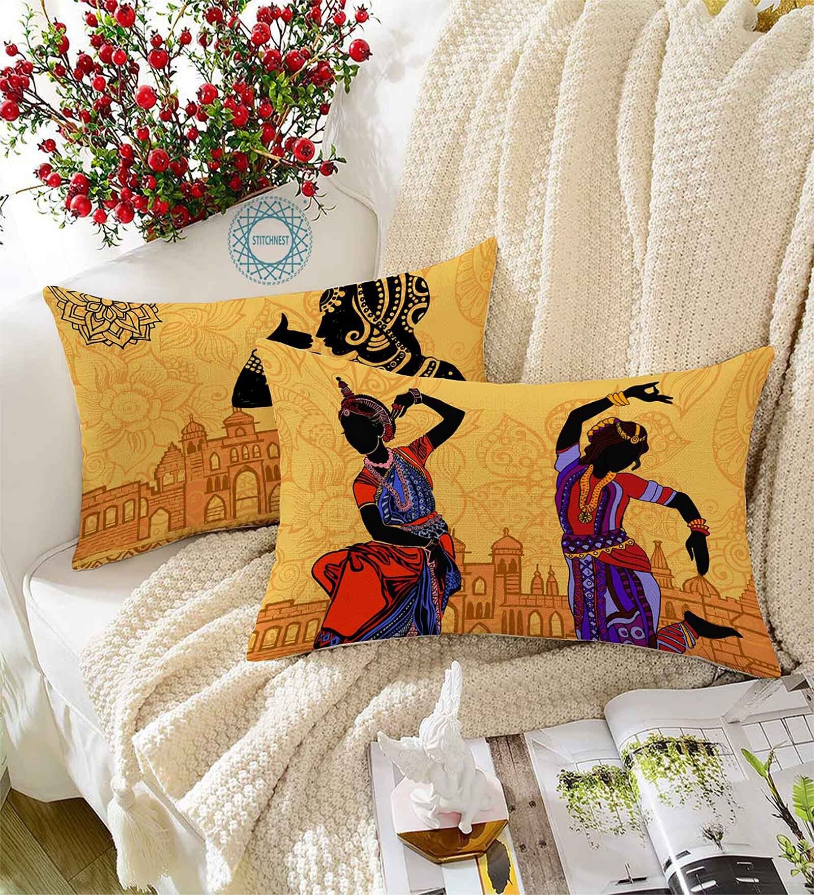 Yellow Jute Abstract 12x18 inches Cushion Covers (Pack of 2)