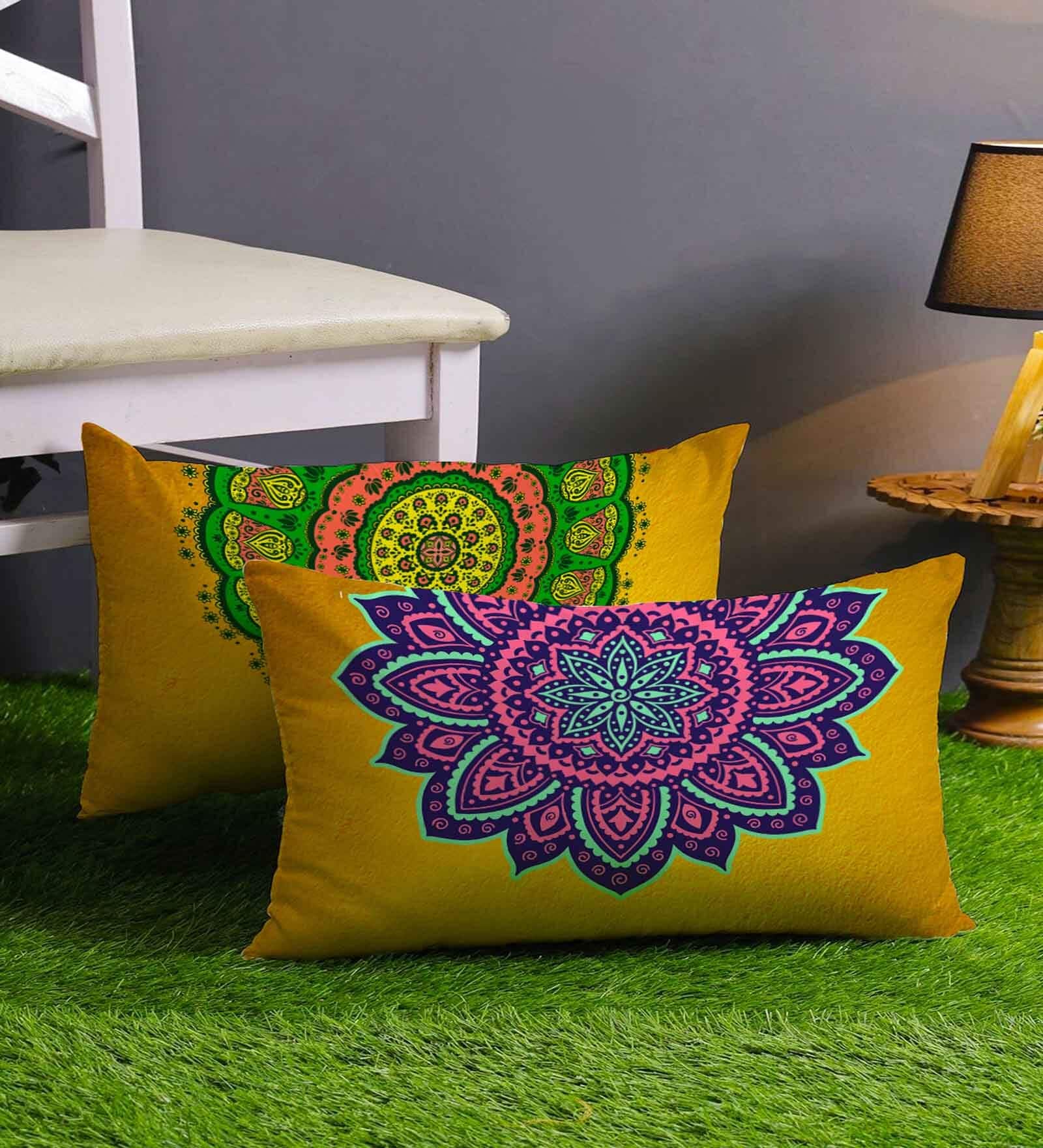 Yellow Jute Florals 12x18 inches Cushion Covers (Pack of 2)