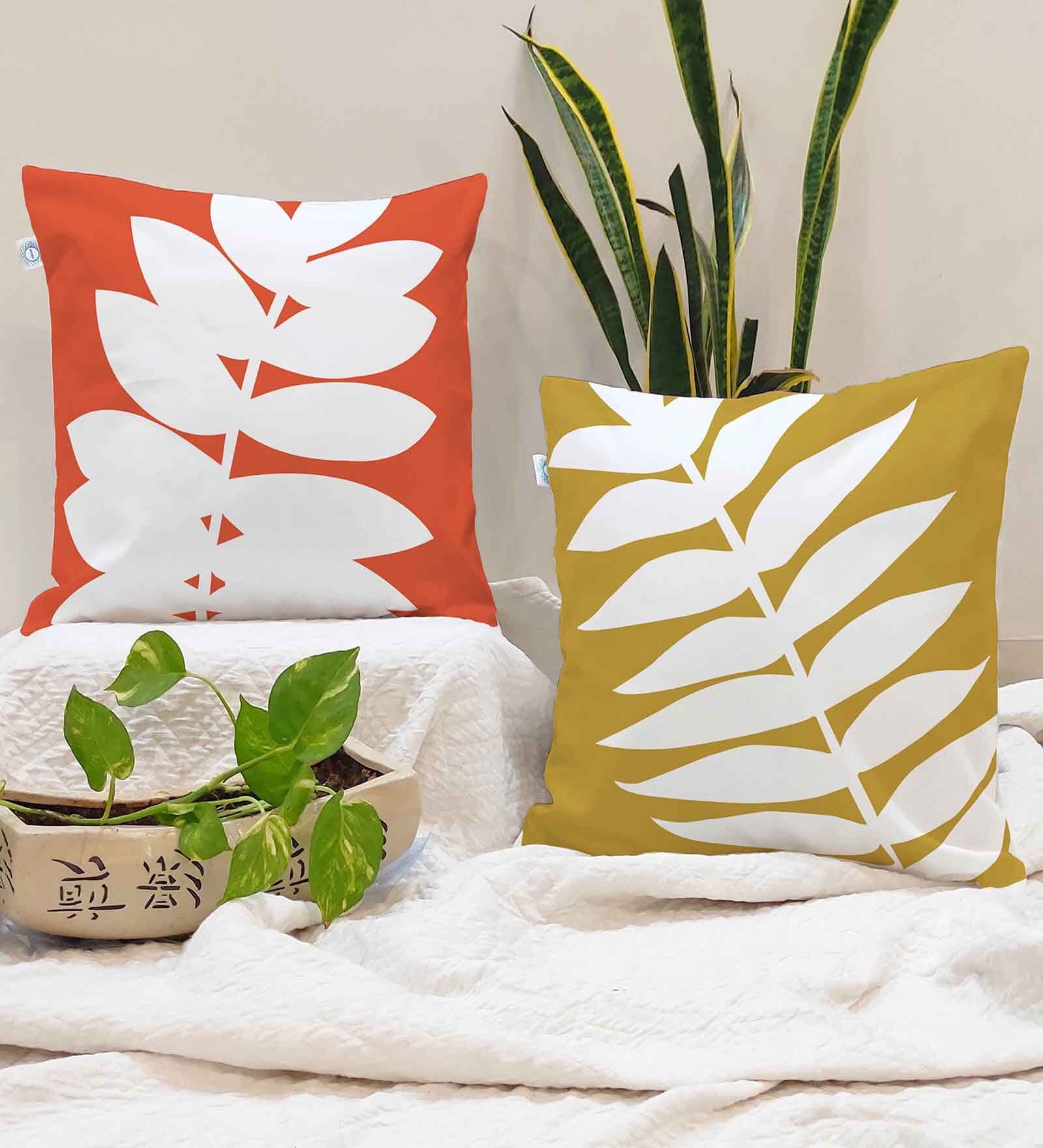 Yellow and Orange Jute Florals 16x16 inches Cushion Covers (Pack of 2)