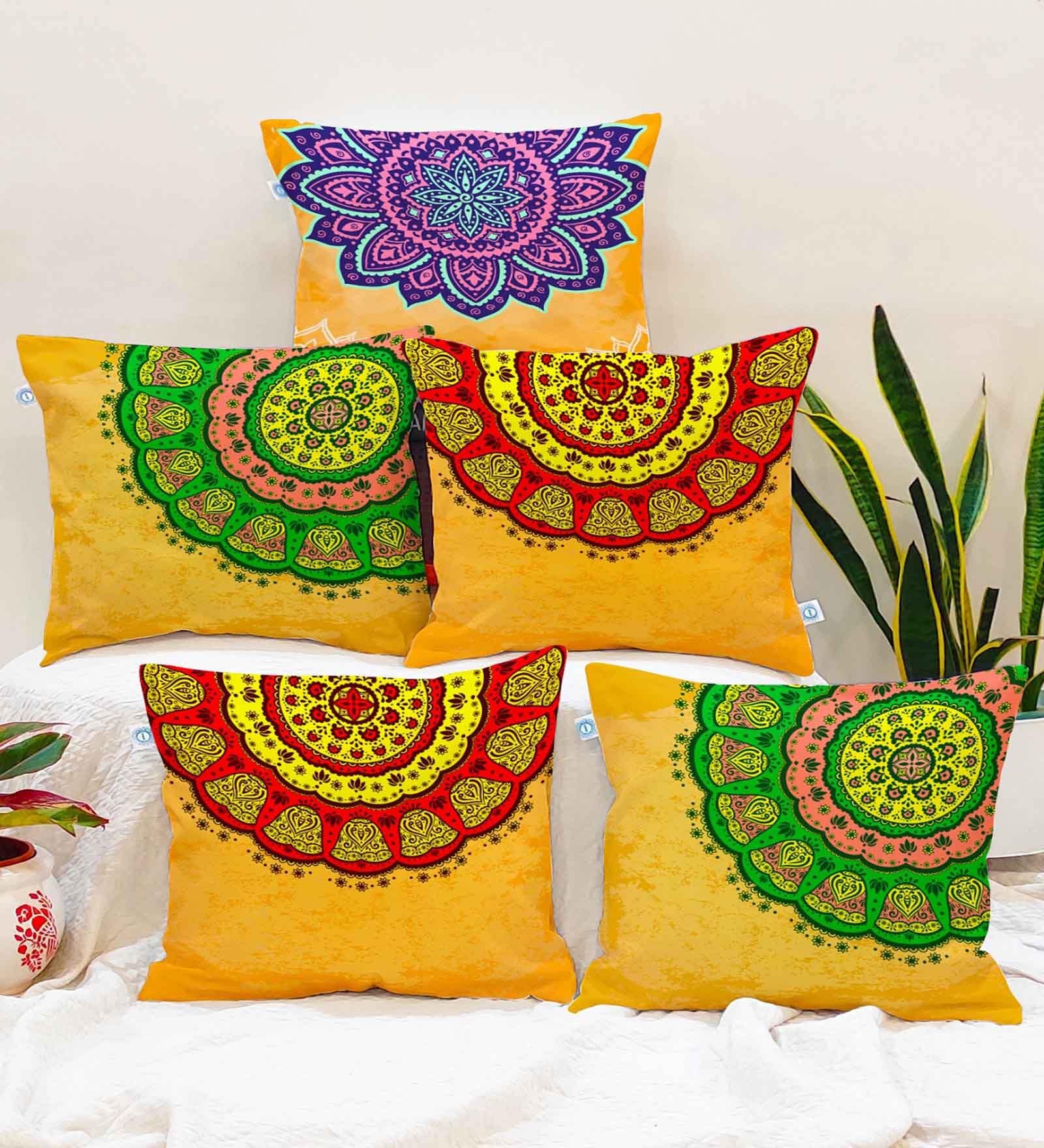 Yellow Jute Florals 16x16 inches Cushion Covers (Pack of 5)