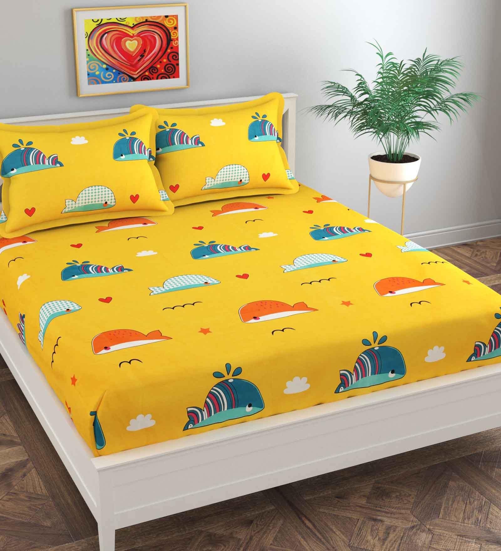 Yellow Kids 144 TC Poly Cotton Double Bedsheet With 2 Pillow Covers Eclairs Collection