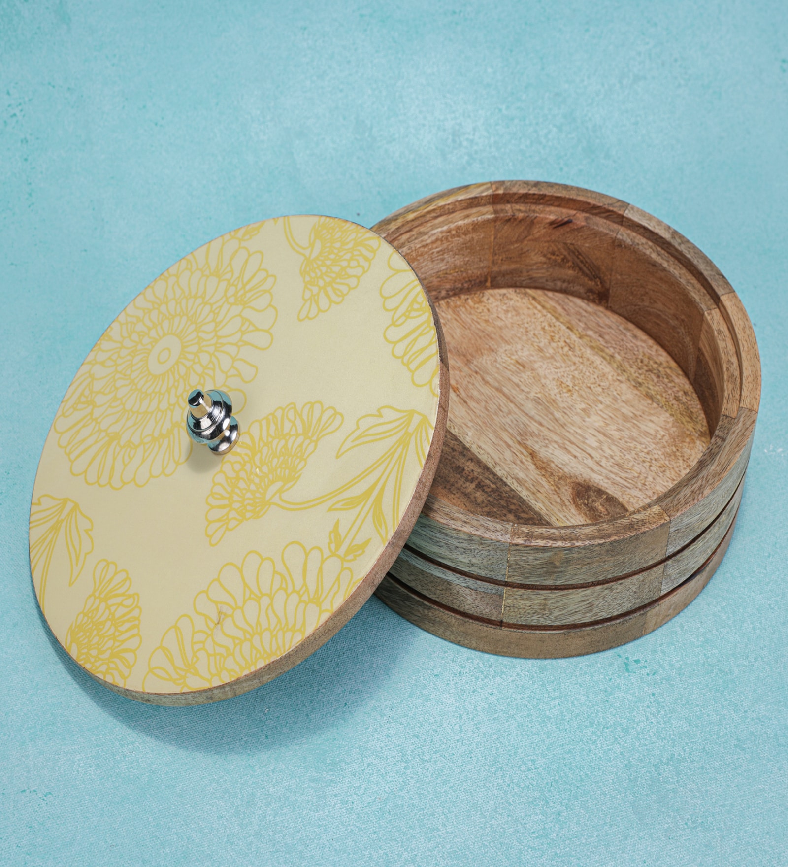 Yellow Mango Wood  Enamel Chapati Box with Lid