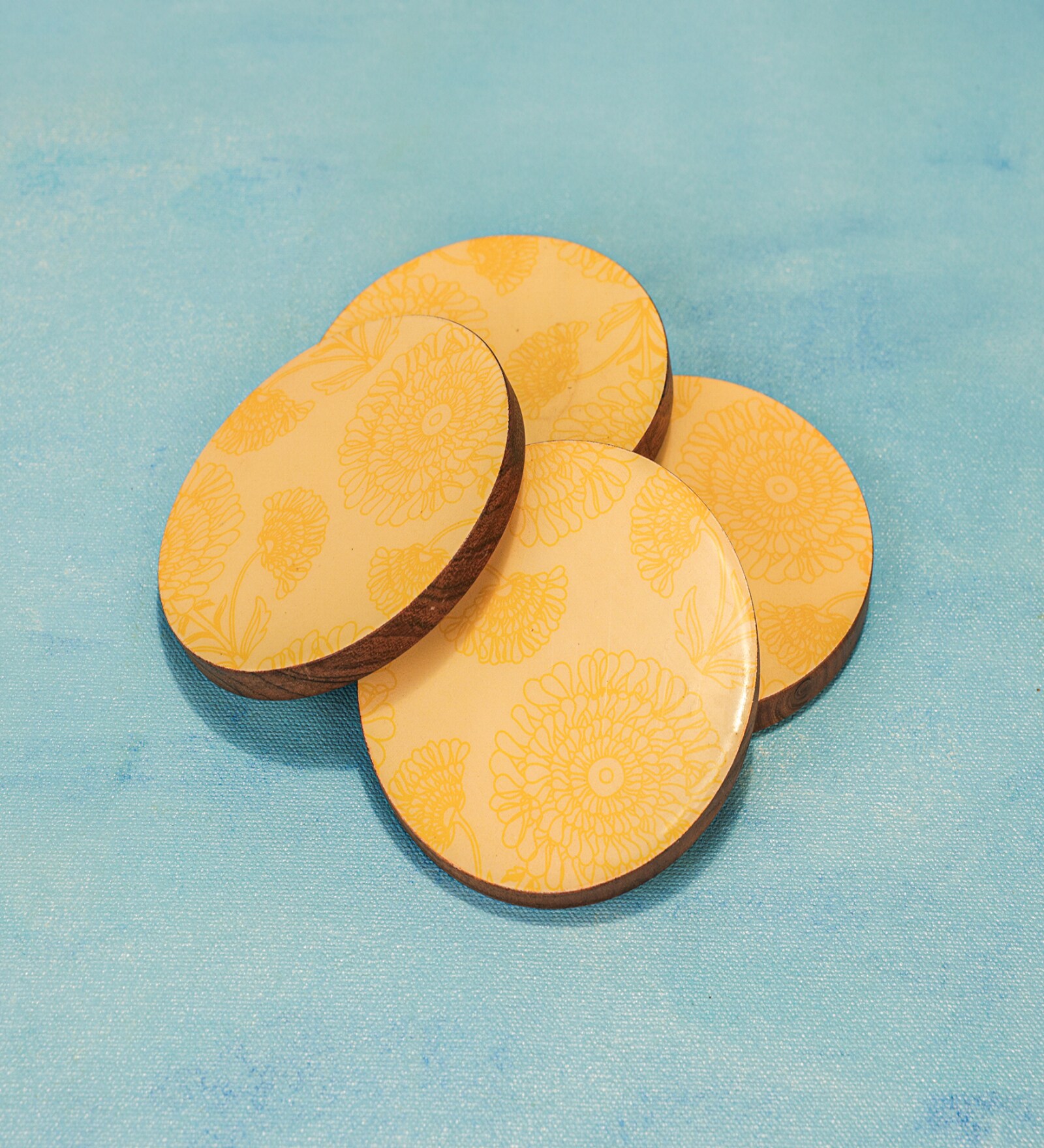 Yellow Mango Wood (Set of 4) Enamel Coasters