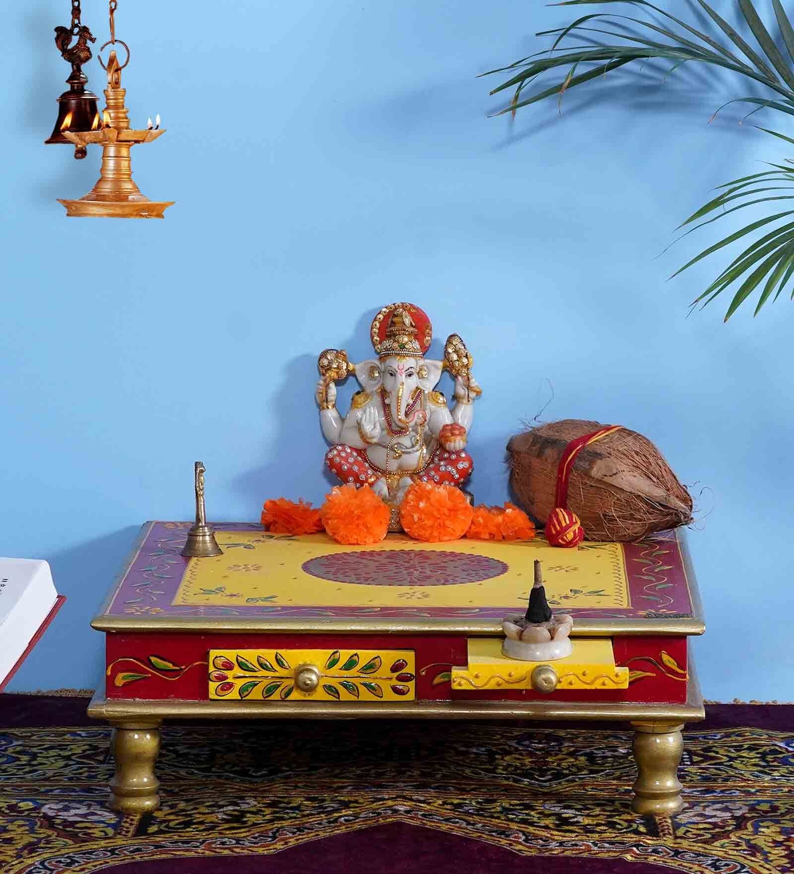 Yellow MDF & Sheesham Wooden Pooja Chowki with Drawer