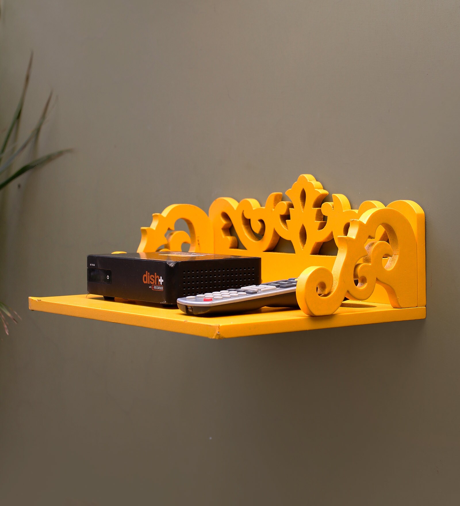 Engineered Wood Carved Wall Mounted Set Top Box Holder in Yellow Colour