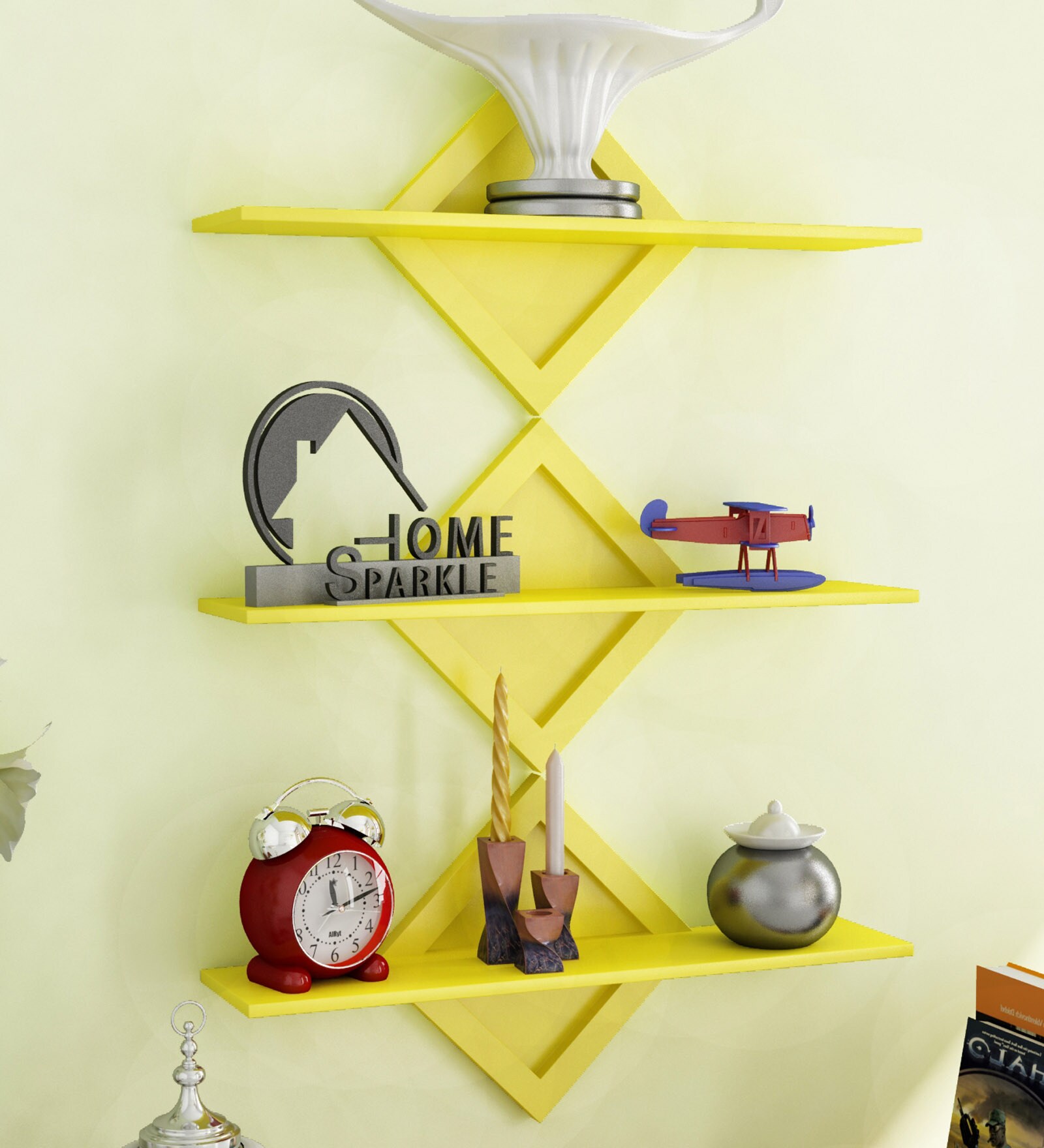 Buy Set of 3 Engineered Wood Floating Wall Shelf in Yellow Colour by