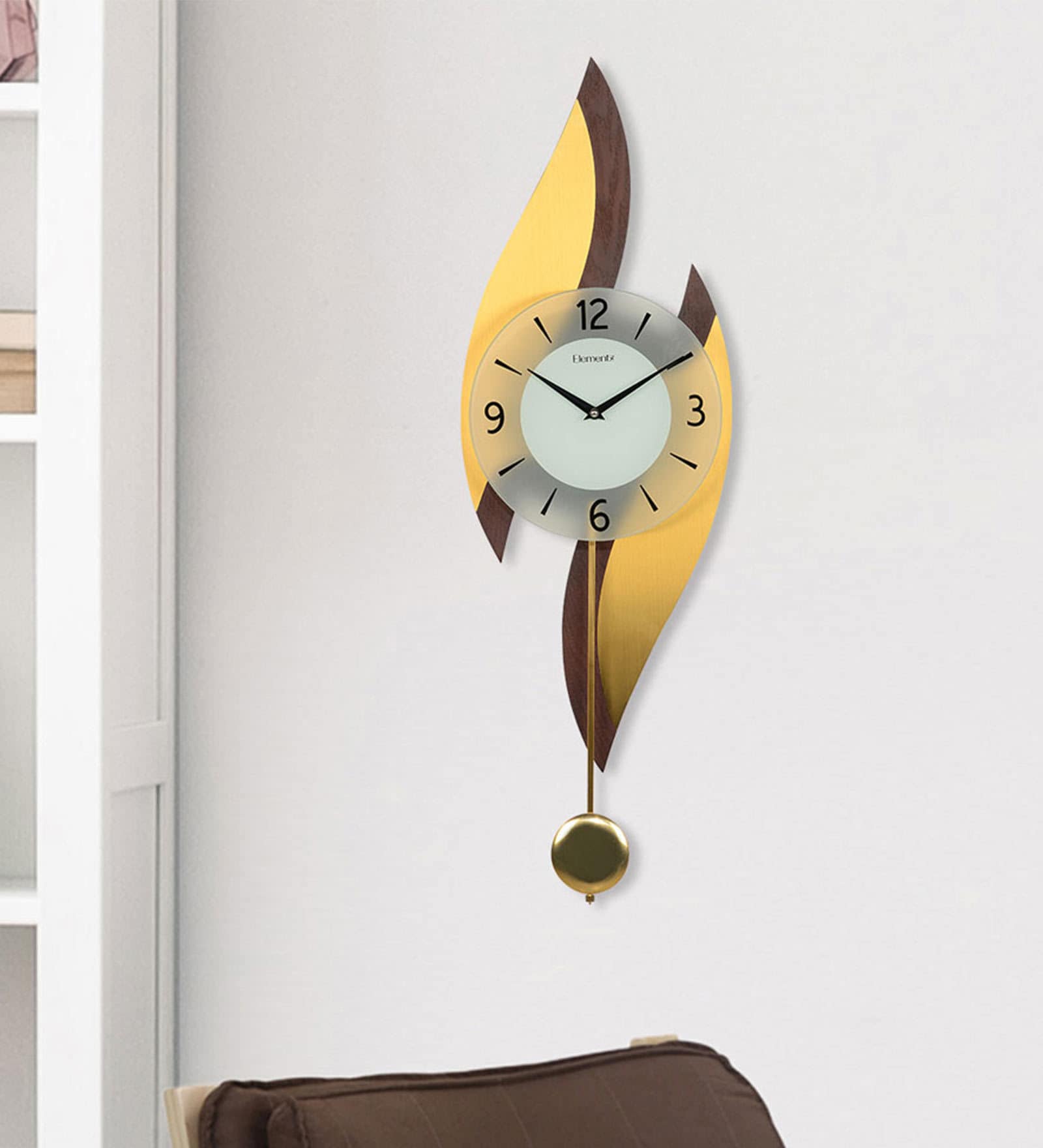 Yellow Mdf Wall Clock Pendulum Dual Waves