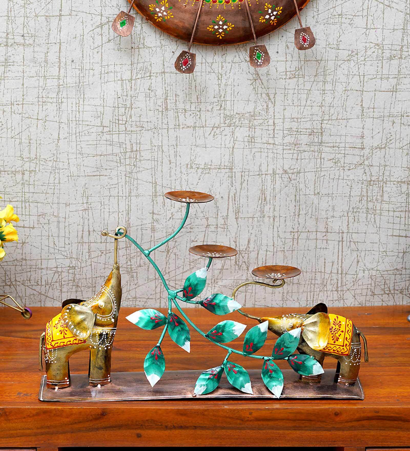 Elephant 3 in 1 Yellow & Green Metal Candle
Holder
