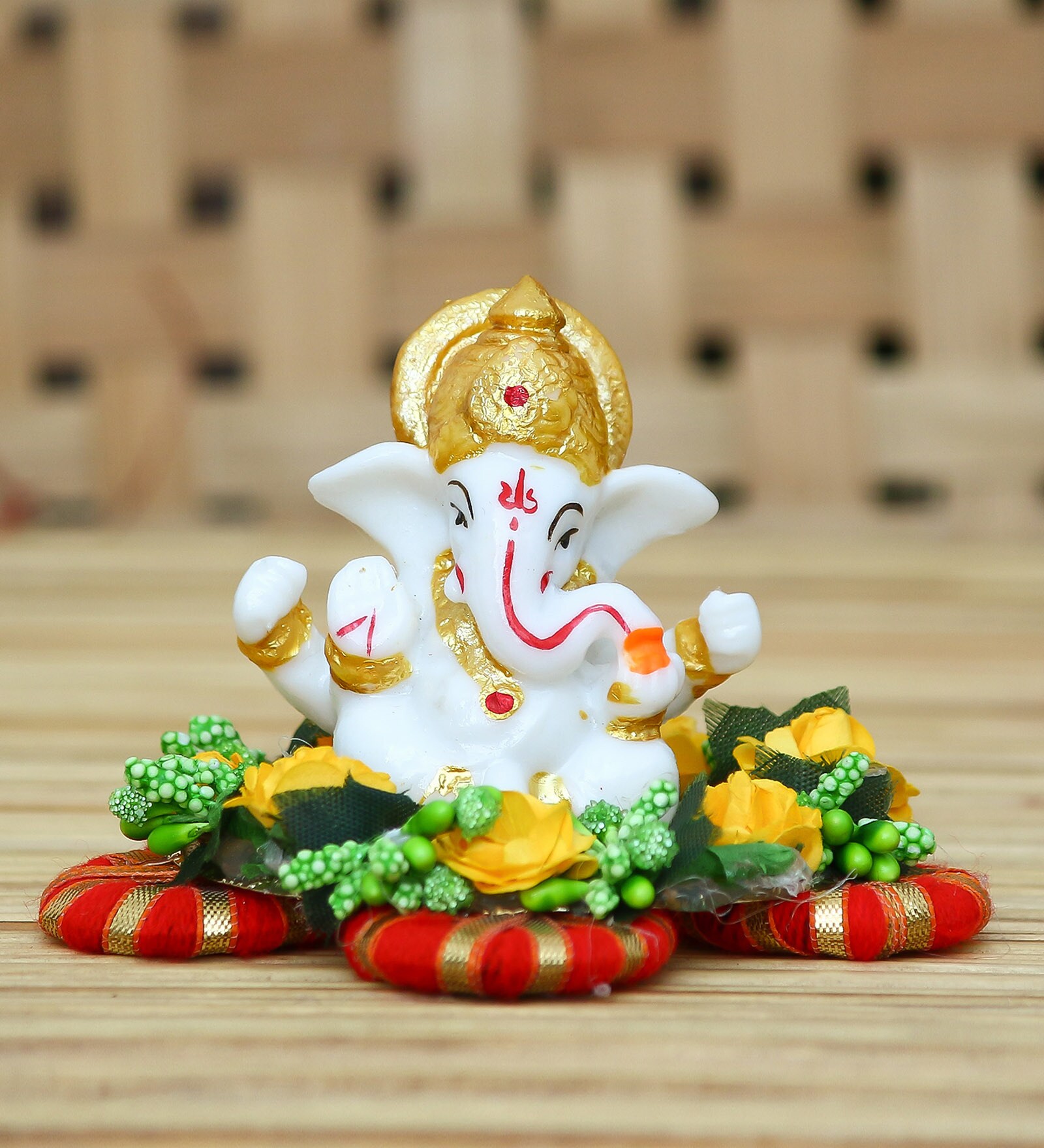 Yellow Metal Lord Ganesha Idol on Decorative Handcrafted Plate