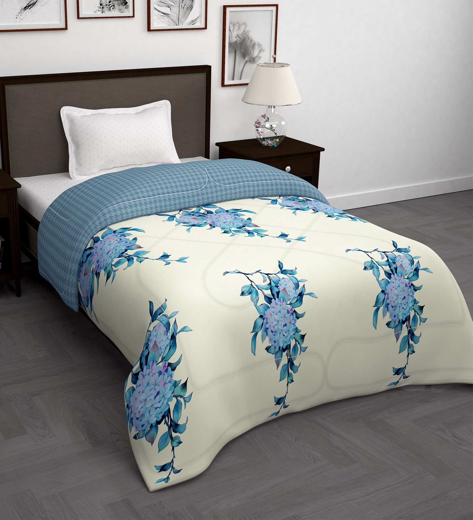 Buy Blue Microfiber Floral 180 GSM Fusion Reversible Single Comforter