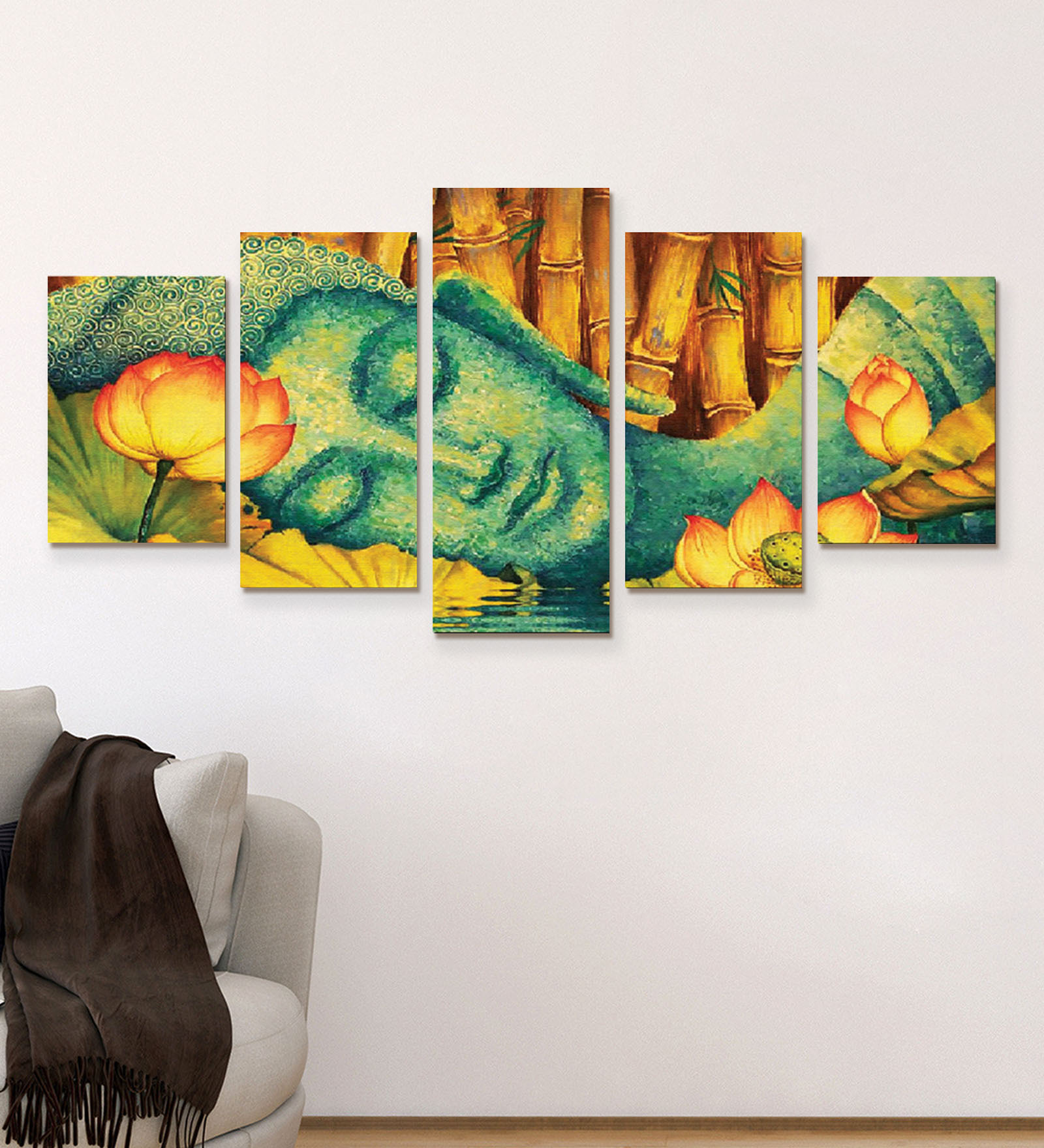Yellow Pinewood Printed Spiritual 44.5 X 24 Inches 5 Art Panels