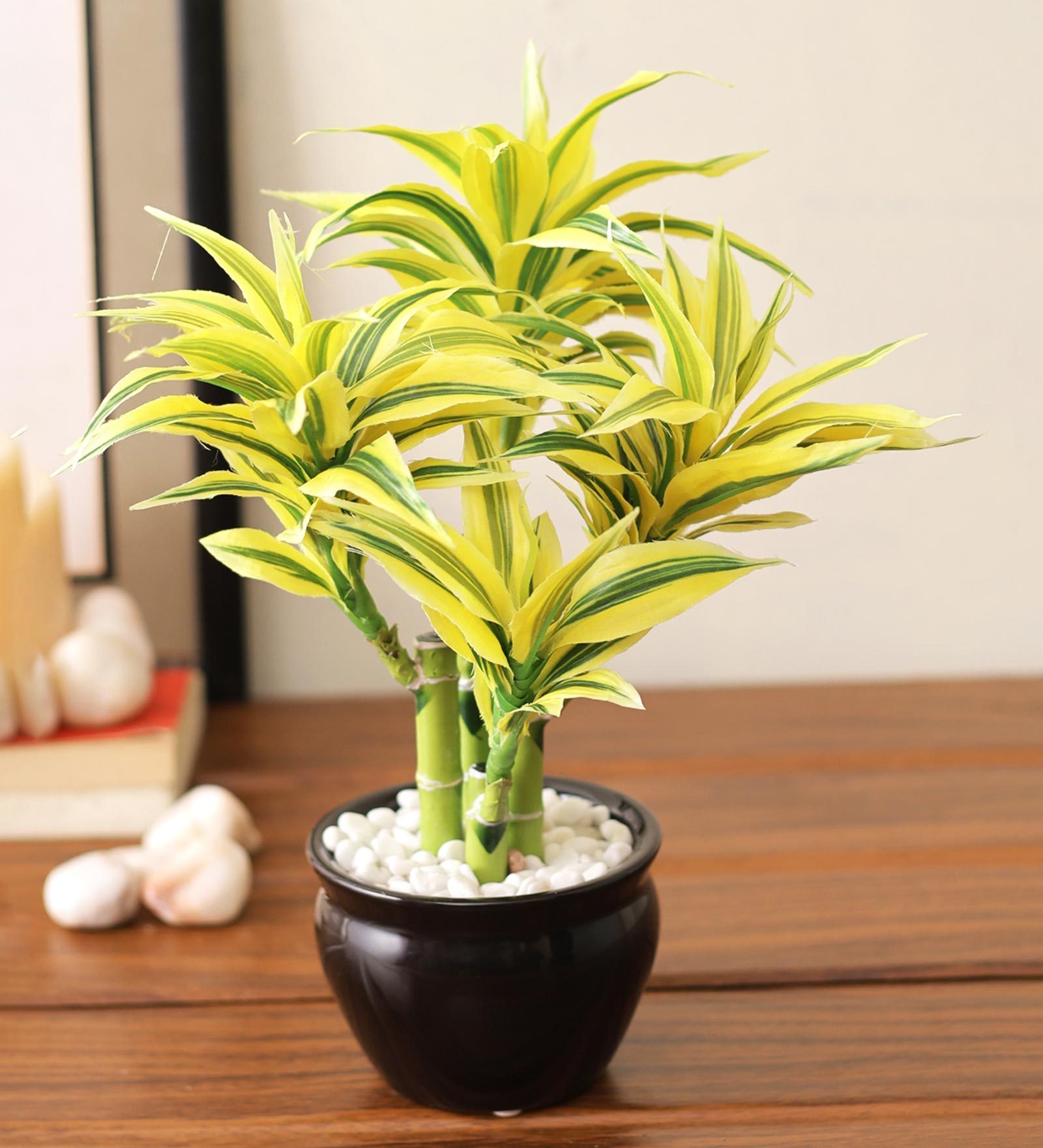 Buy Yellow Plastic Bamboo House Plant with Pot by Aapno Rajasthan