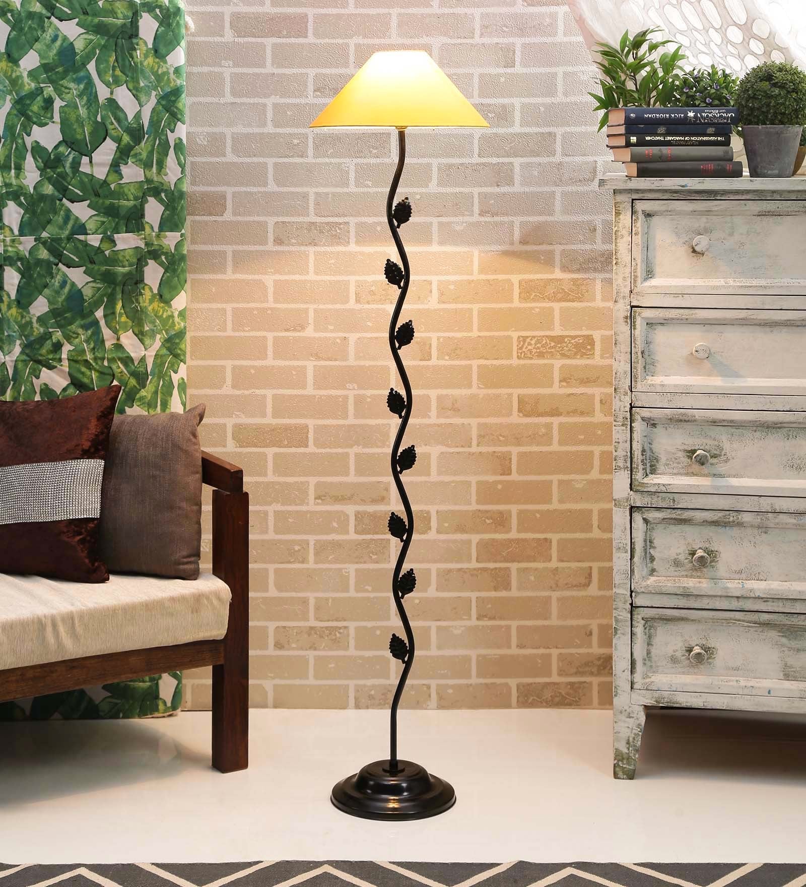 Yellow Fabric Shade Floor Lamp with Black Base