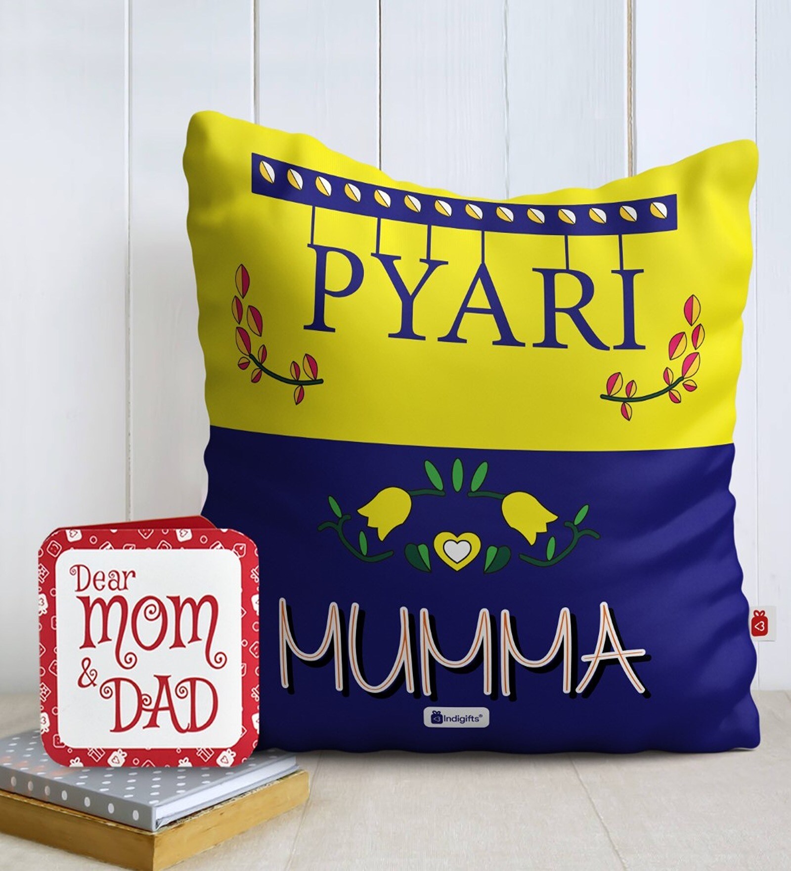 Yellow Poly Cotton Gift for Mother 12x12 inches 1 Cushion Cover with Filler and Free Greeting Card
