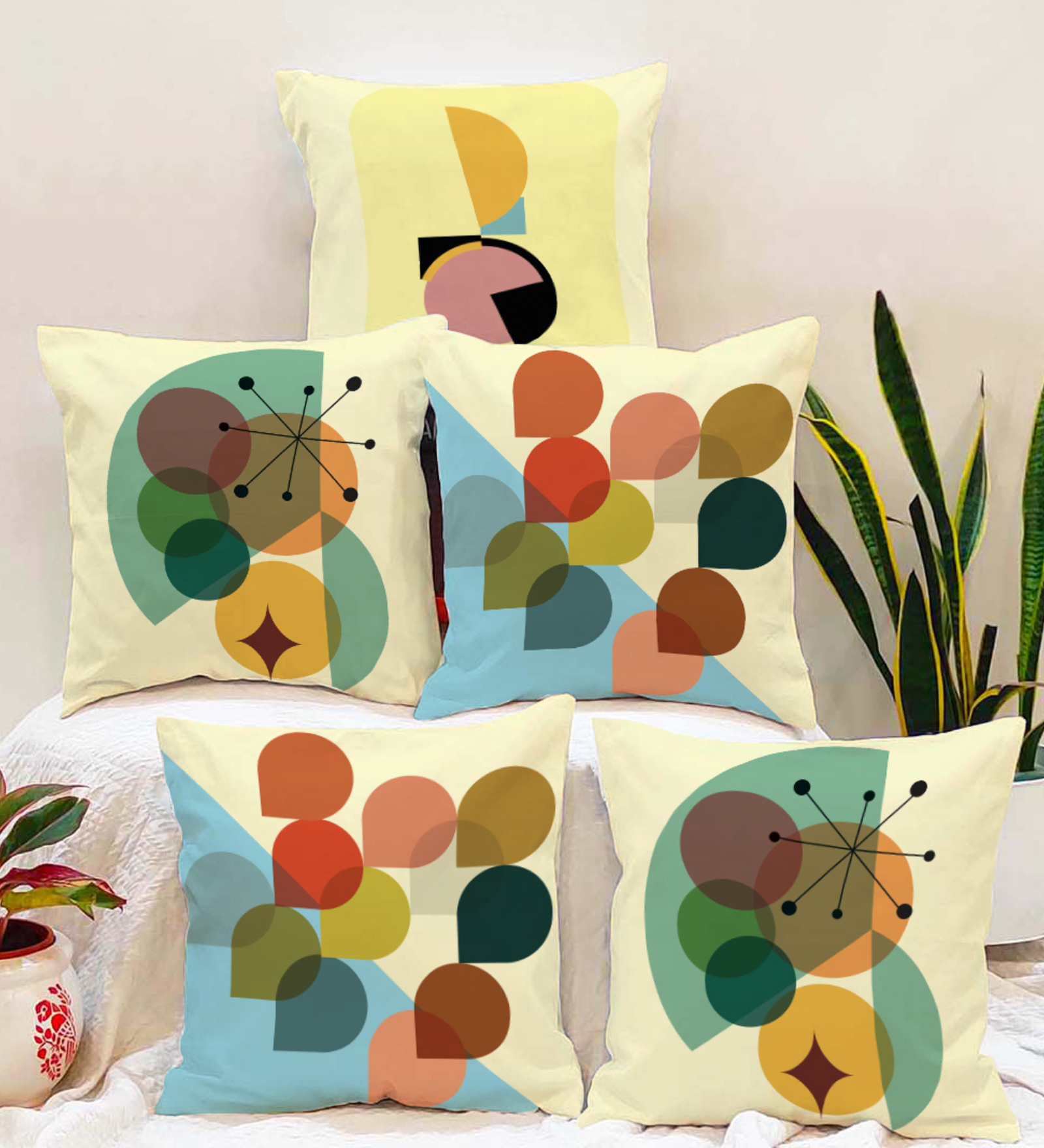 Yellow Polycotton Abstract 16x16 inches Cushion Covers (Pack of 5)
