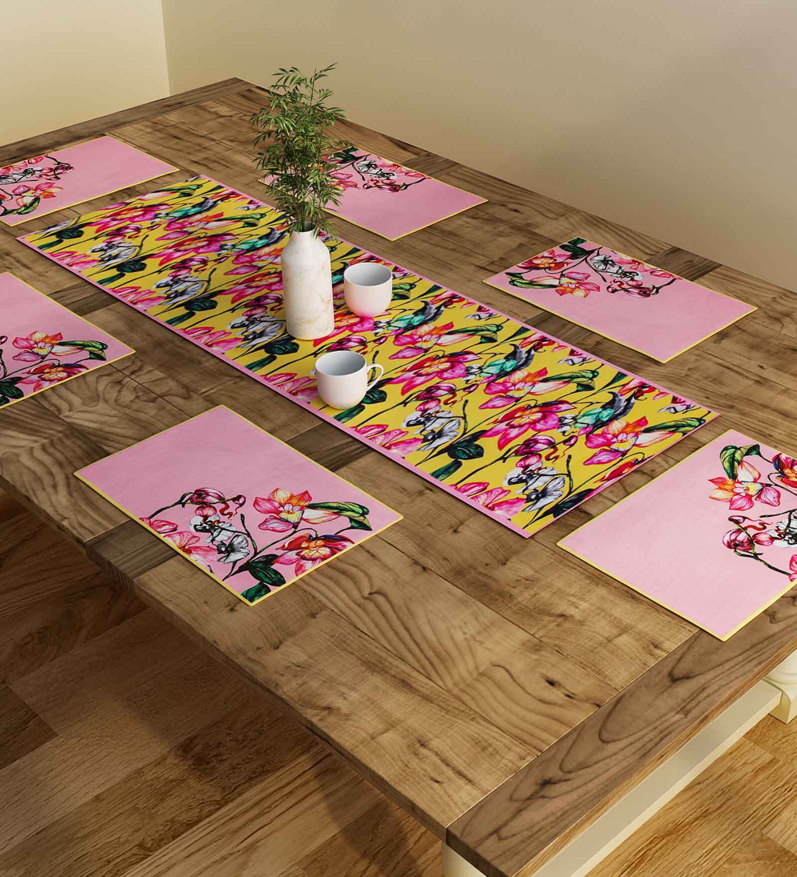 Floral (12x18) Yellow & Pink Poly Cotton (Set of 6) Table Linen Set