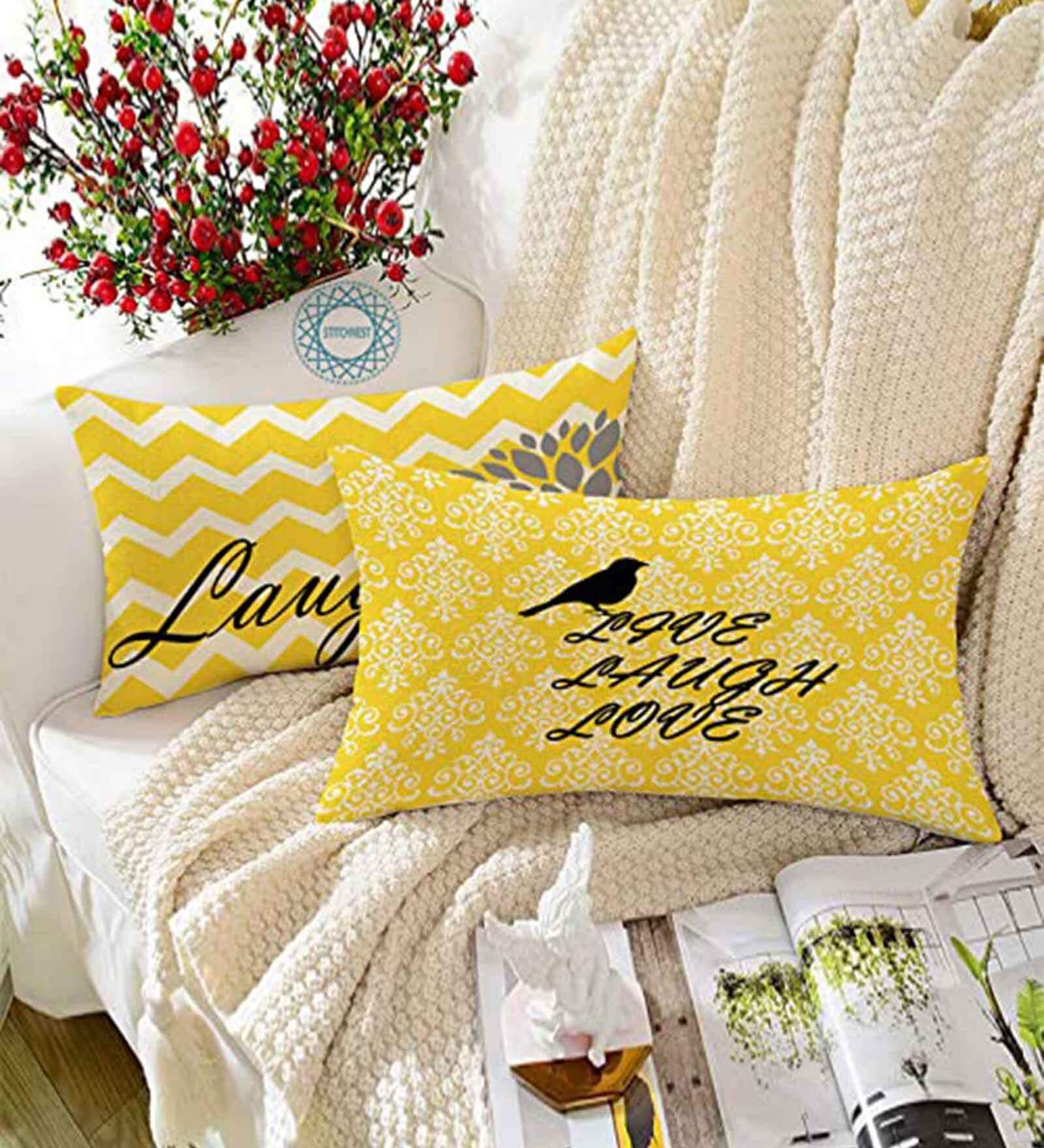 Yellow Polycotton Floral 12x18 inches Cushion Covers (Pack of 2)