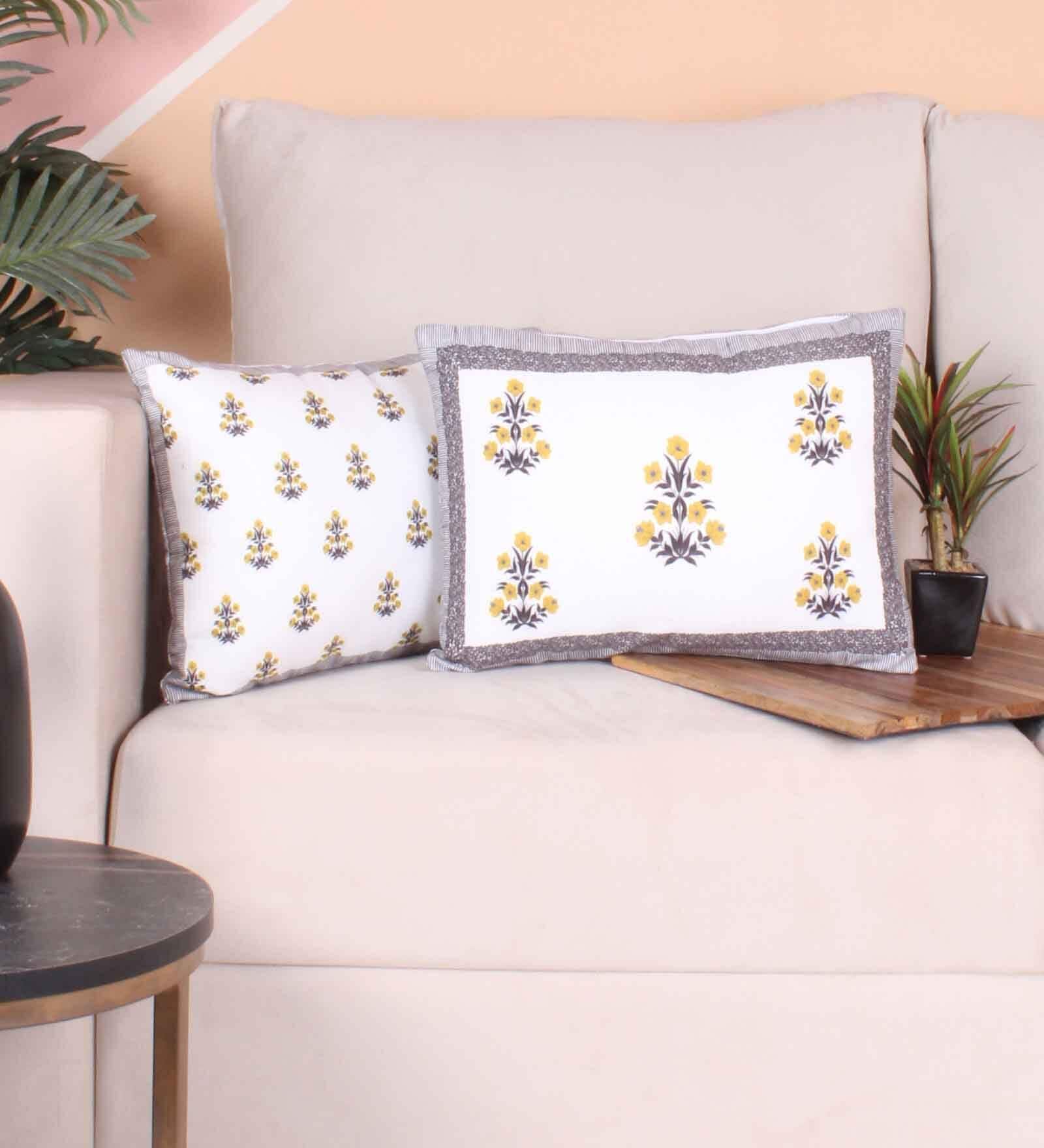 Yellow Polycotton Floral 12x18 inches Cushion Covers (Pack of 2)