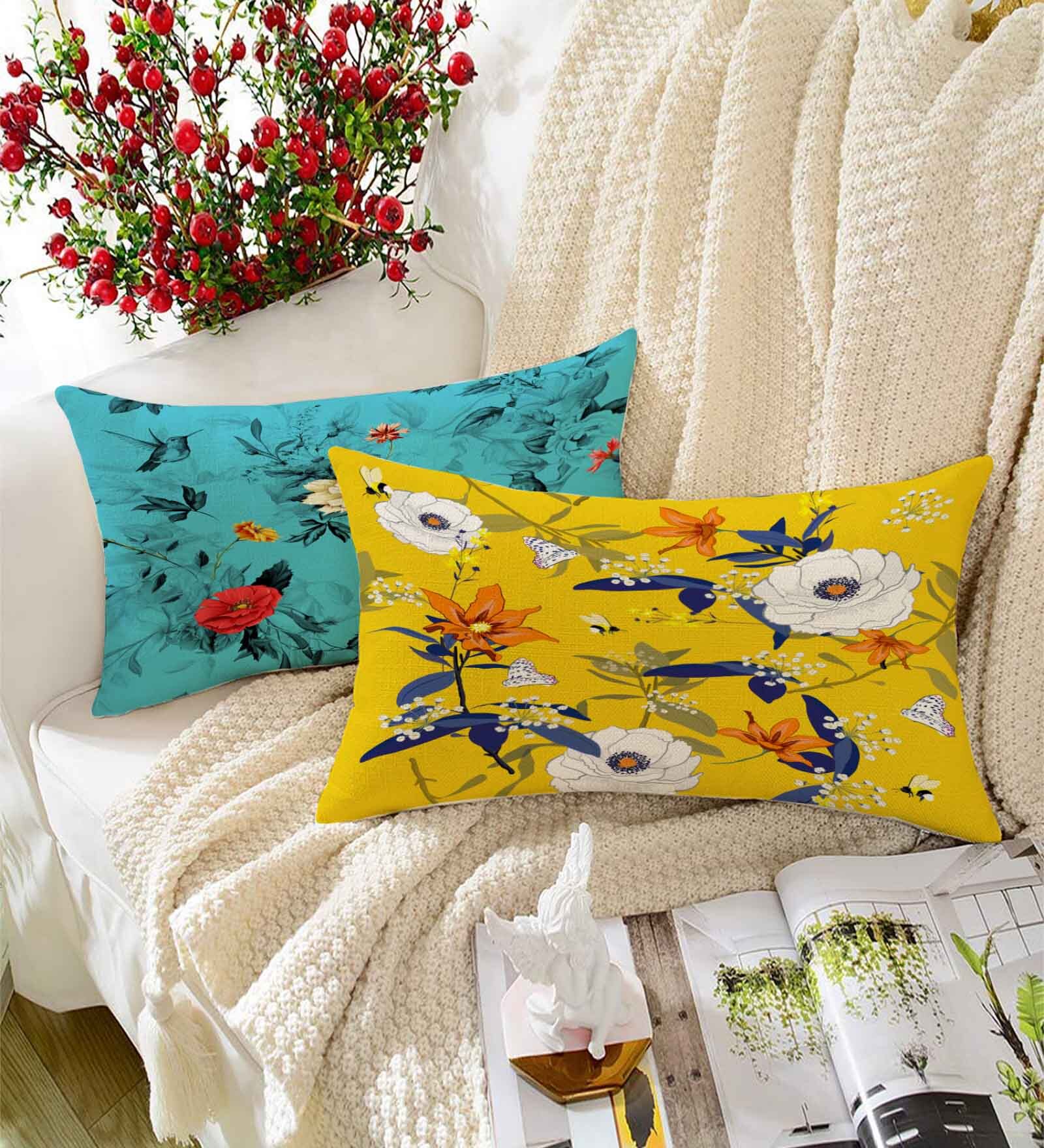 Yellow Polycotton Floral 12x18 inches Cushion Covers (Pack of 2)