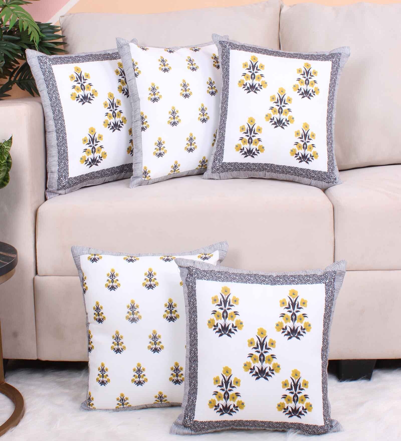 Yellow and Grey Polycotton Floral 16x16 inches Cushion Covers (Pack of 5)