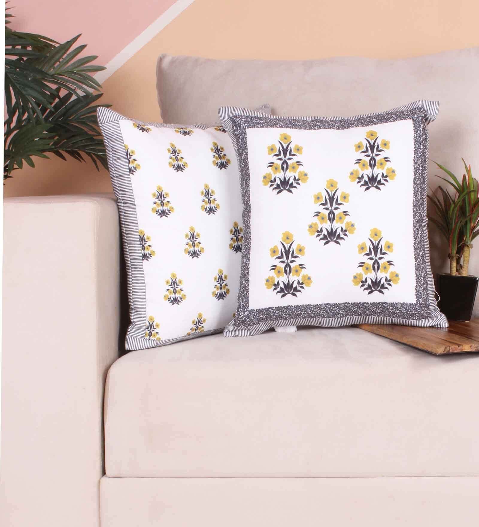 Yellow Polycotton Floral 24x24 inches Cushion Covers (Pack of 2)