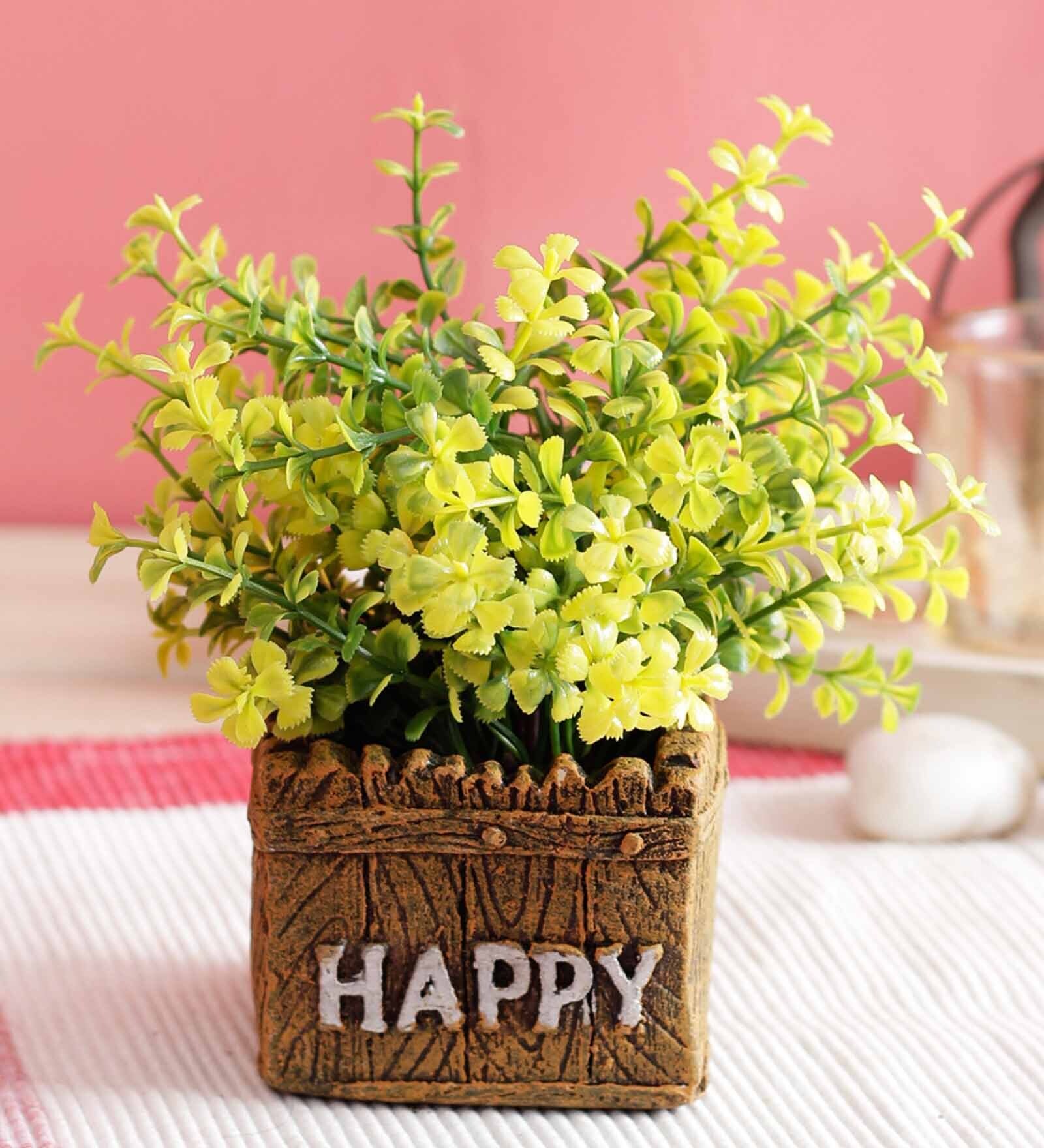 Yellow Polyester Artificial Bonsai Plant With Brown Resin Pot