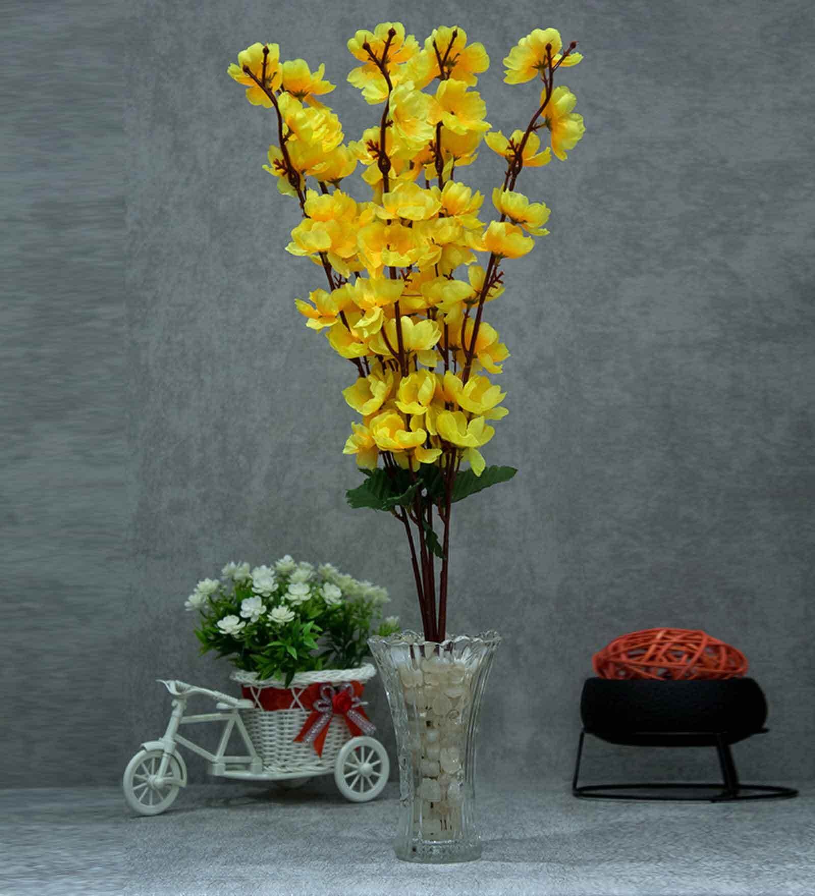 Yellow Polyester Artificial Peach Blossom Flower Bunch  Without Pot