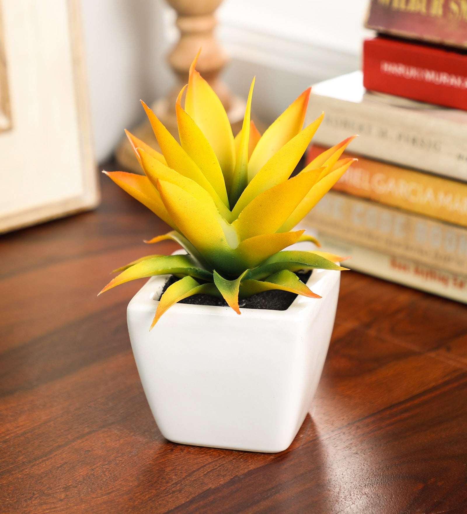Yellow Polyester Artificial Succulent Bonsai with Ceramic Pot