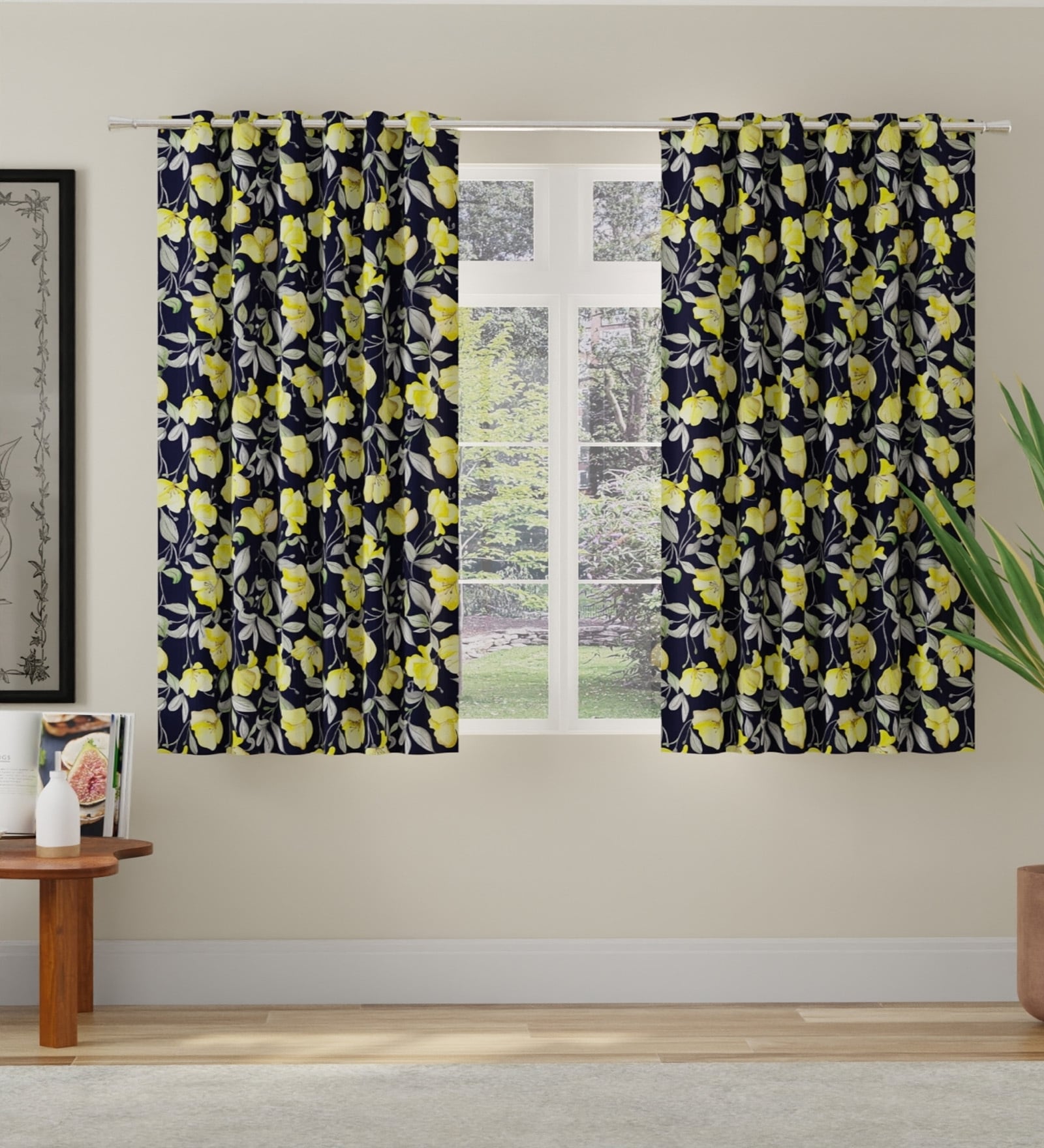 Yellow Polyester Floral 5ft Room Darkening Eyelet Window Curtains (2 Pc)
