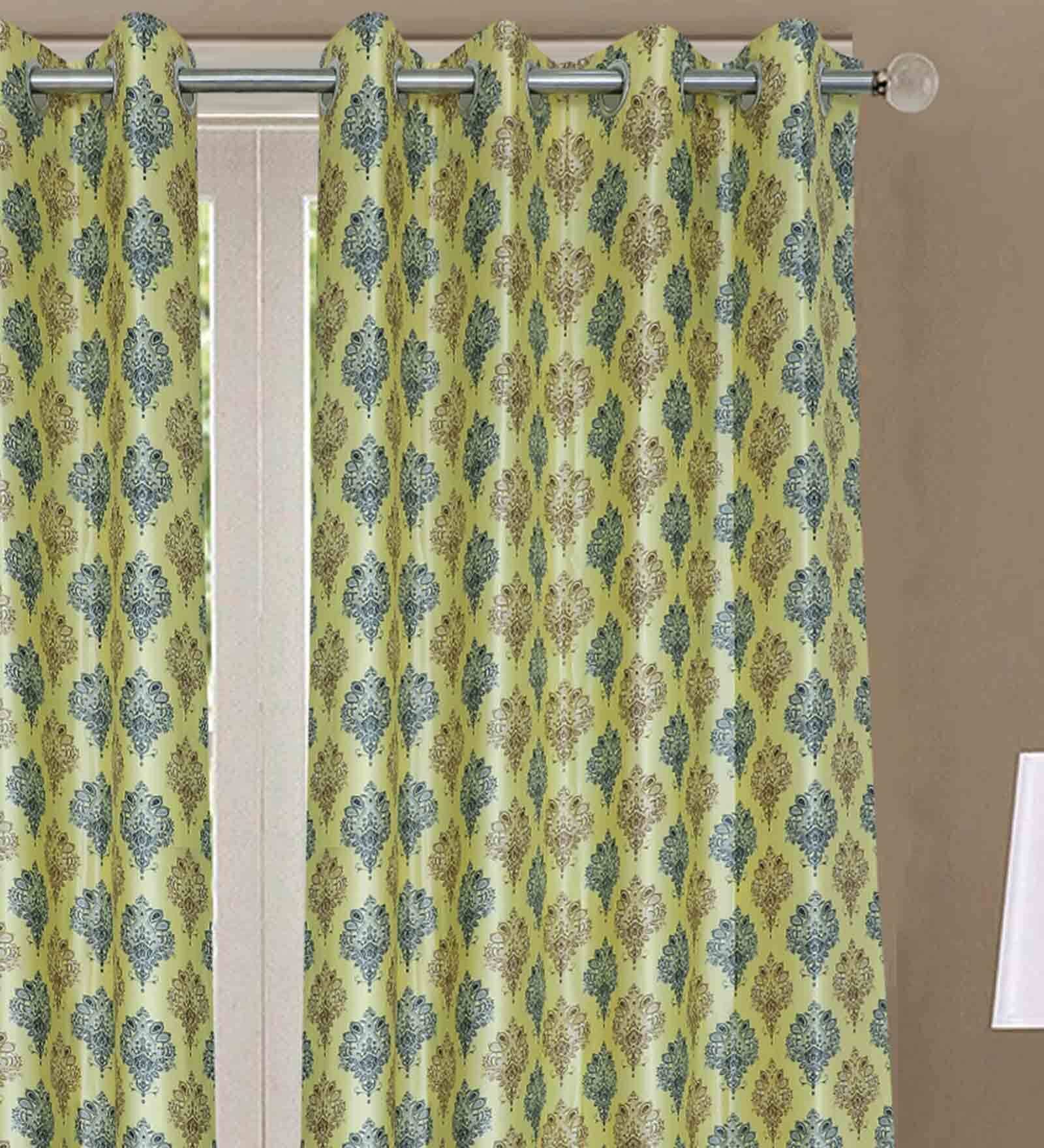Yellow Floral Polyester 5 Ft Blackout Eyelet Window Curtains (Set of 2)