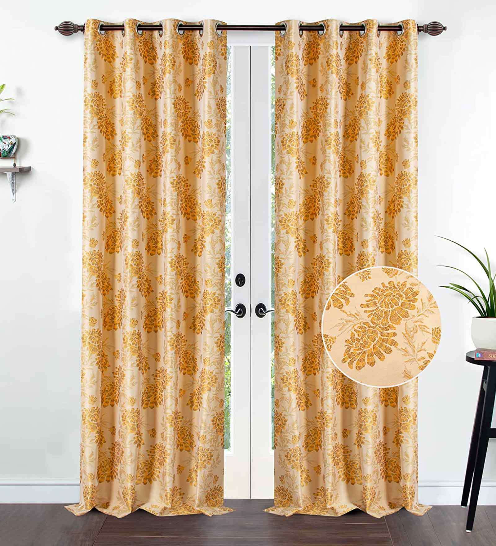 Yellow Floral Polyester 8 Ft Blackout Eyelet Door Curtains (Set of 2)